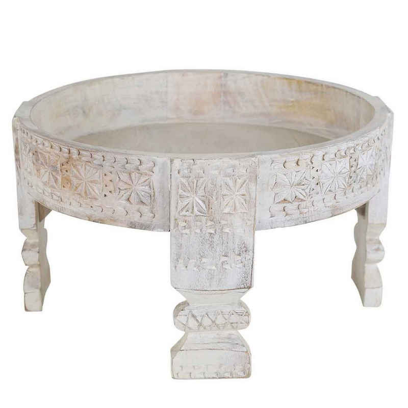 Casa Moro Beistelltisch Orientalischer Beistelltisch Zaman Ø 55cm Massivholz geschnitzt (Chakki Tisch, Shabby Chic Mühlen-Dekor Weiß gekalkt Mühlen-Tisch), Kunsthandwerk
