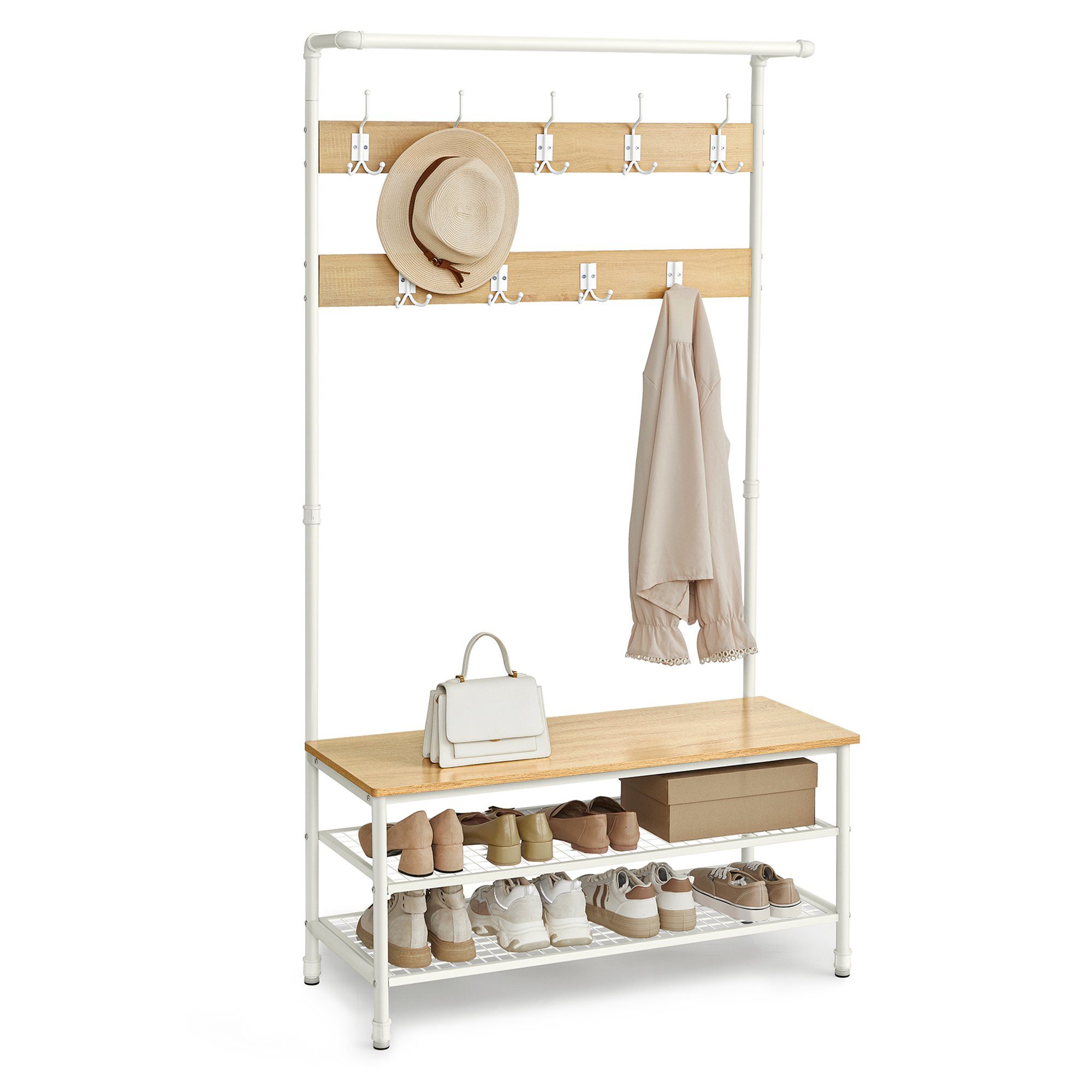 VASAGLE Garderobenständer Garderobe, mit Sitzbank, multifunktionale Eichenfarben-Weiß