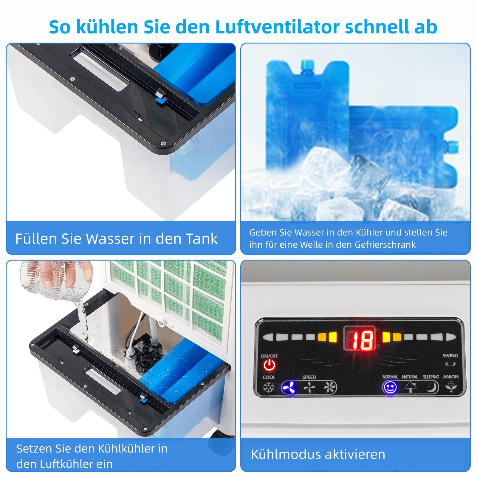 LALAHO Kombigerät Luftreiniger, Ventilator und Heizlüfter Luftkühler, 220V, 75W, 8L-Wassertank, Fernbedienung & LCD-Display