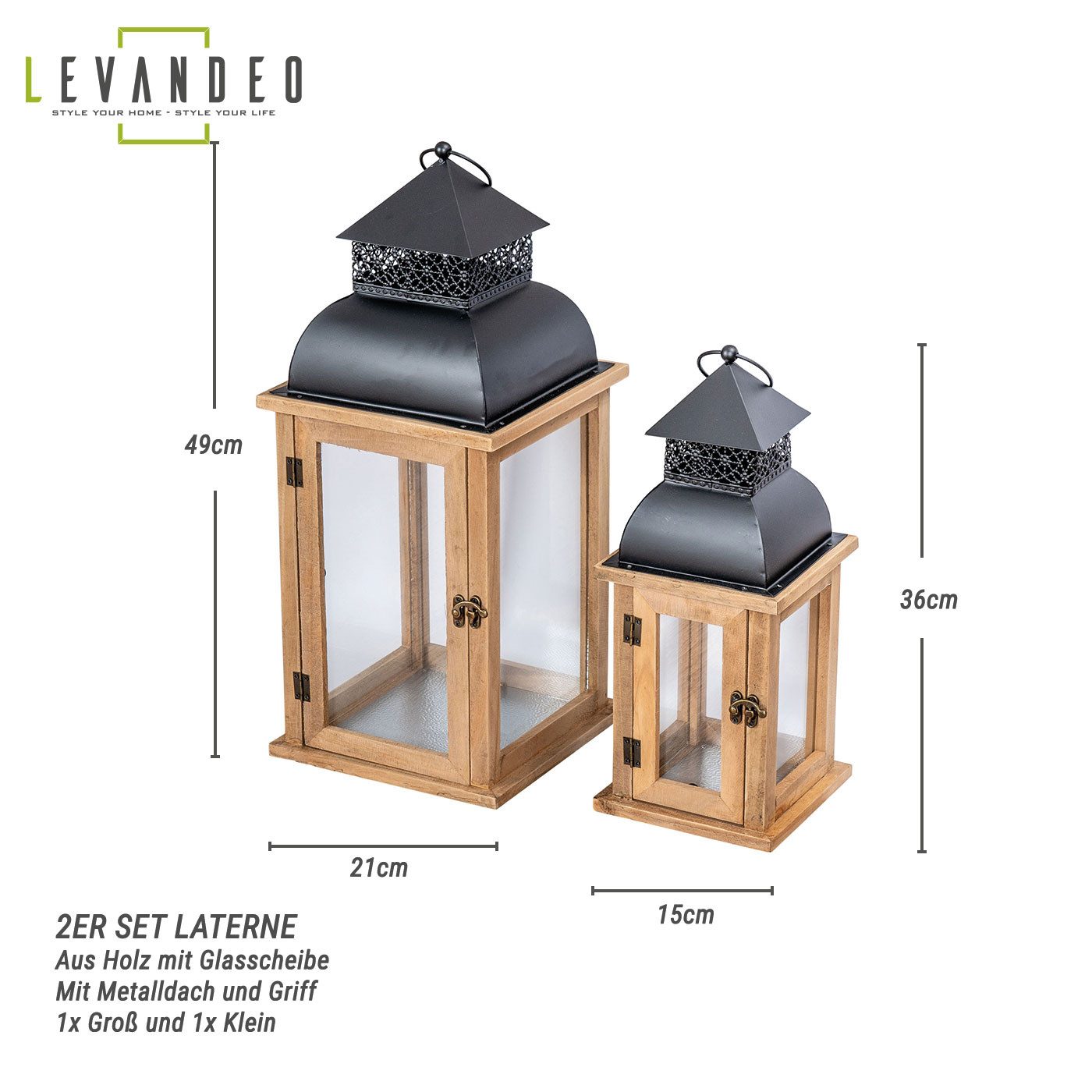 Levandeo® Kerzenlaterne, 2er Set Laterne Braun Holz Metall Kerzenhalter Win günstig online kaufen