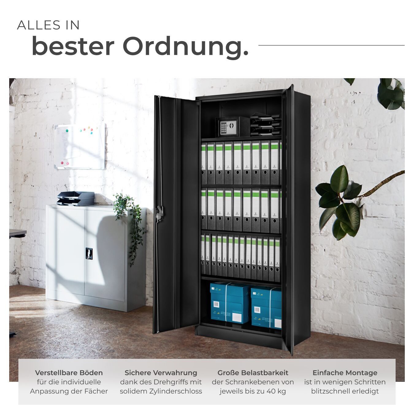 tectake Aktenschrank Büroschrank - hochwertiger Stahl für sichere Aufbewahrung (Rolladenschrank, 1-St., in Schwarz) verstellbare Böden für individuelle Anpassung