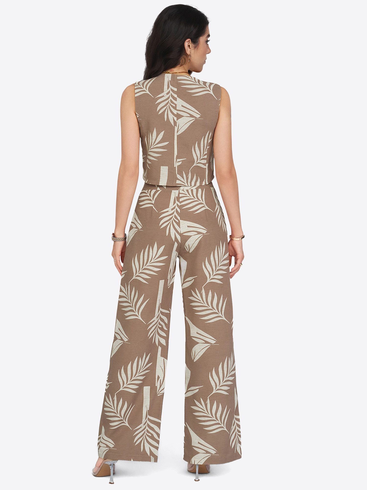 Imily Bela Hausanzug Damen 2-teiliges Freizeit-Set aus Leinenoptik (Set, 2 tlg., Weste + Palazzohose) Print
