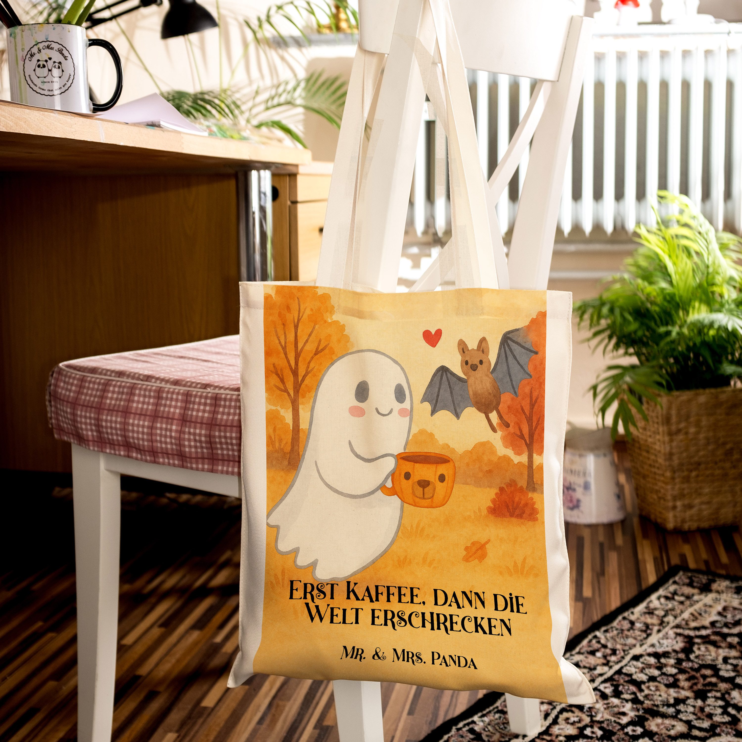 Mr. & Mrs. Panda Tragetasche Gespenst Kaffee Design, Tote Bag, Weiß, Büchertasche, Stoffbeutel, La (Packung), einkaufstasche baumwolle Stoff-Tragetasche Beutel