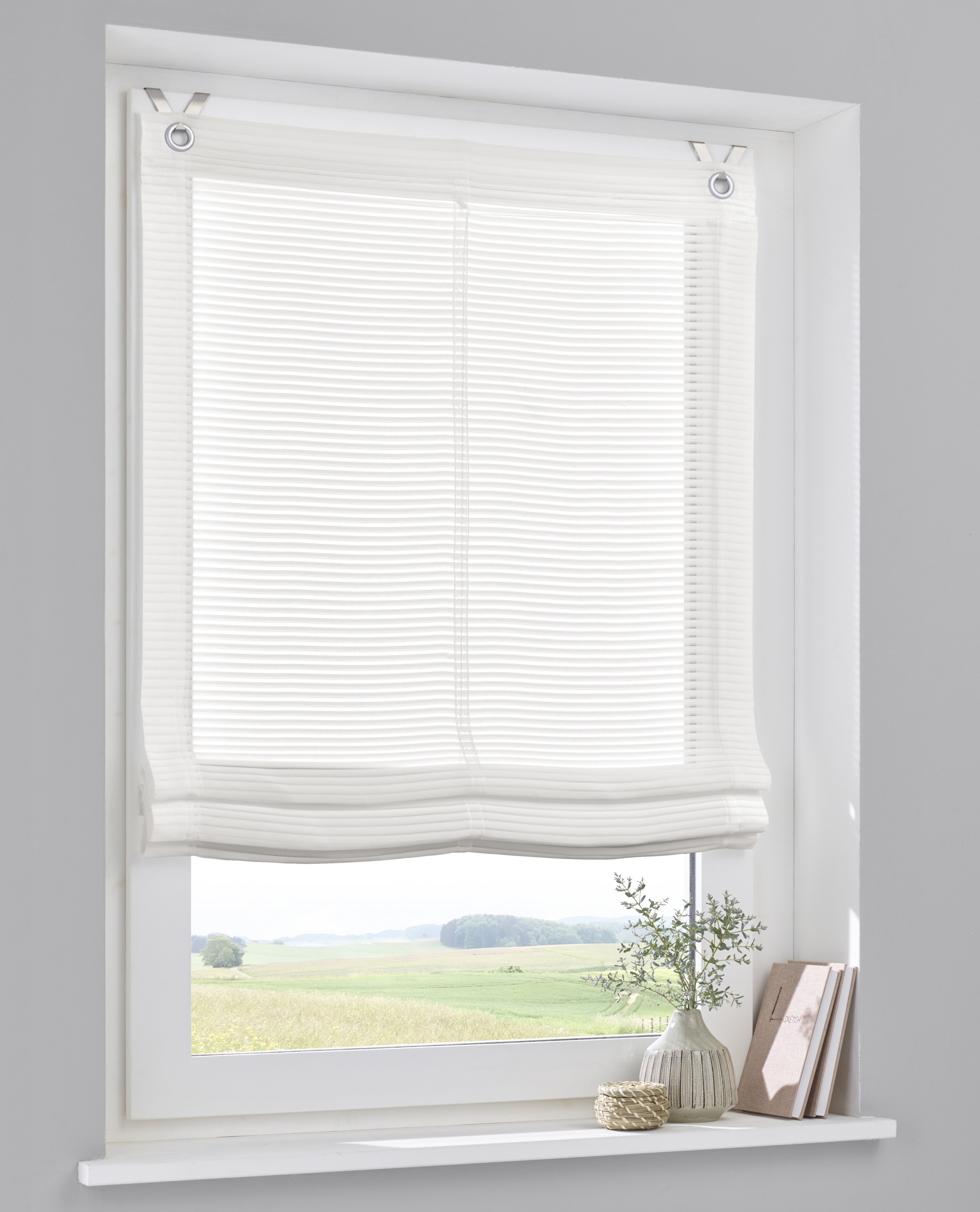 Kutti Raffrollo Areggo mit Ösen, halbtransparent, mit Hakenaufhängung, ohne Bohren, freihängend, feine Querstreifen, offwhite