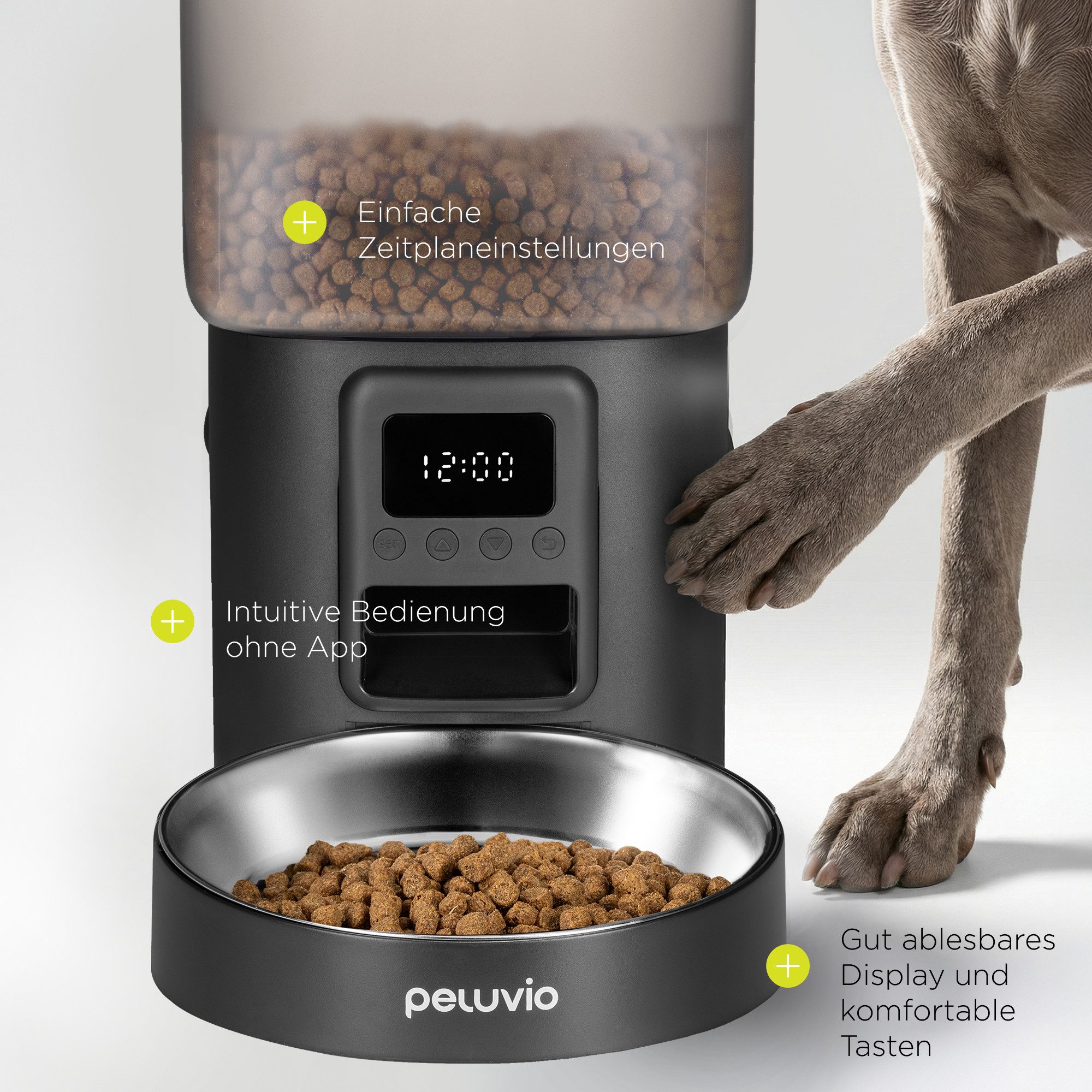 Peluvio Hunde-Futterautomat CRISPY DOG, 4,5L Vorrat / LCD-Display / Bedienfeld / Batterienotbetrieb