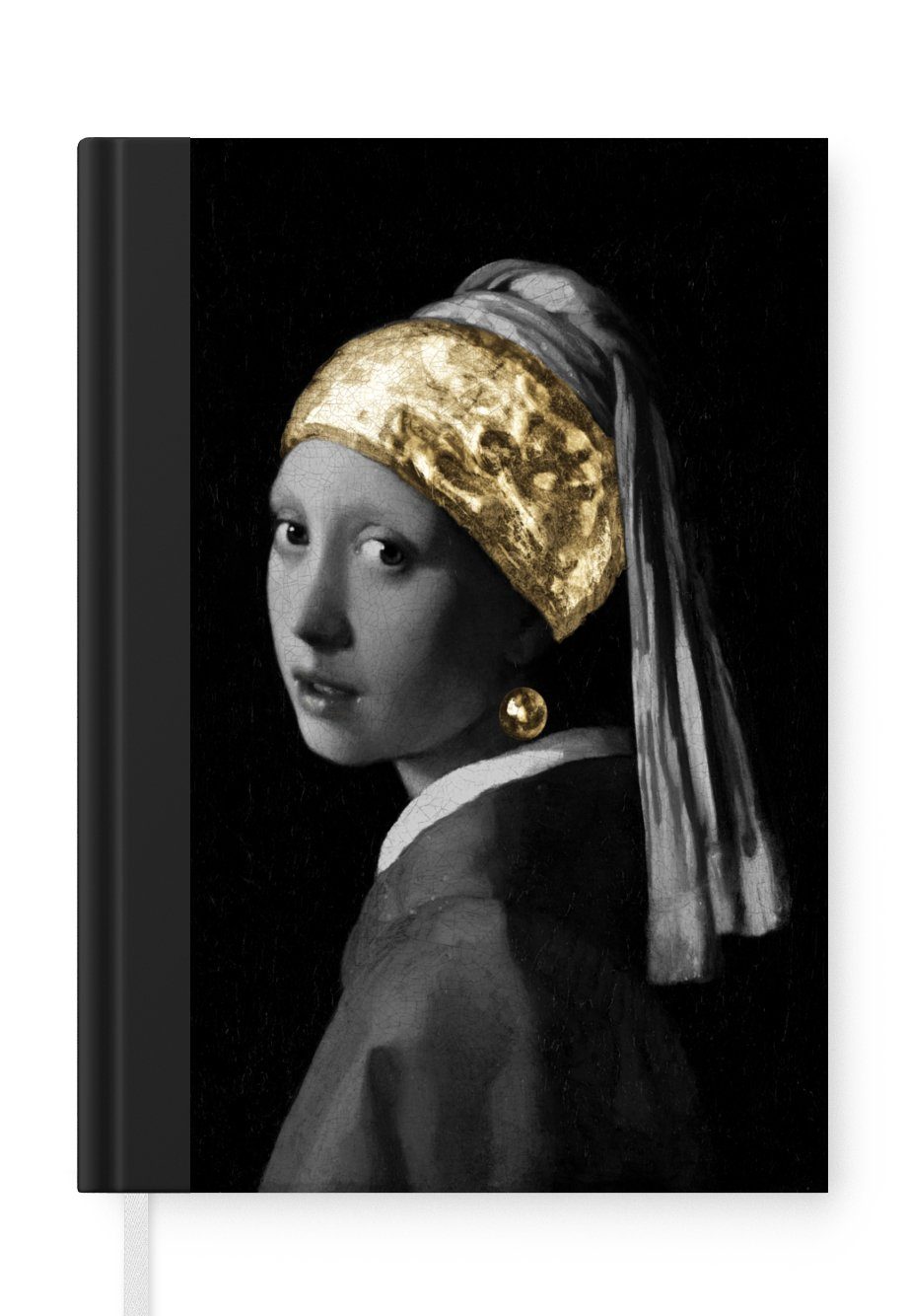 MuchoWow Notizbuch Mädchen mit einem Perlenohrring - Johannes Vermeer - Gold, Journal, Merkzettel, Tagebuch, Notizheft, A5, 98 Seiten, Haushaltsbuch