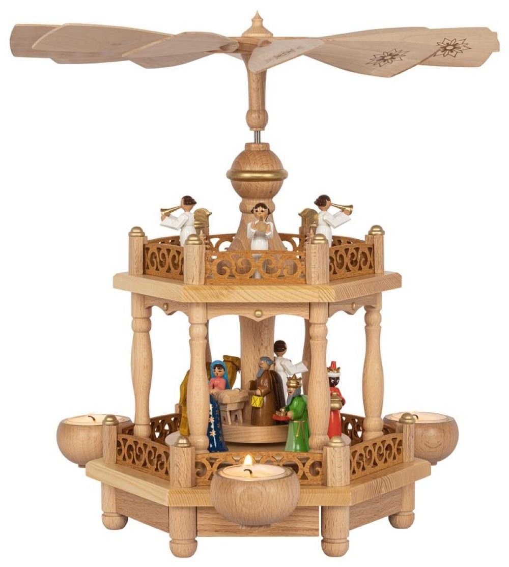 Richard Glaesser Weihnachtspyramide Teelichtpyramide Christi Geburt mit bunten Figuren, 1-stöckig, Handwerkskunst original Erzgebirge