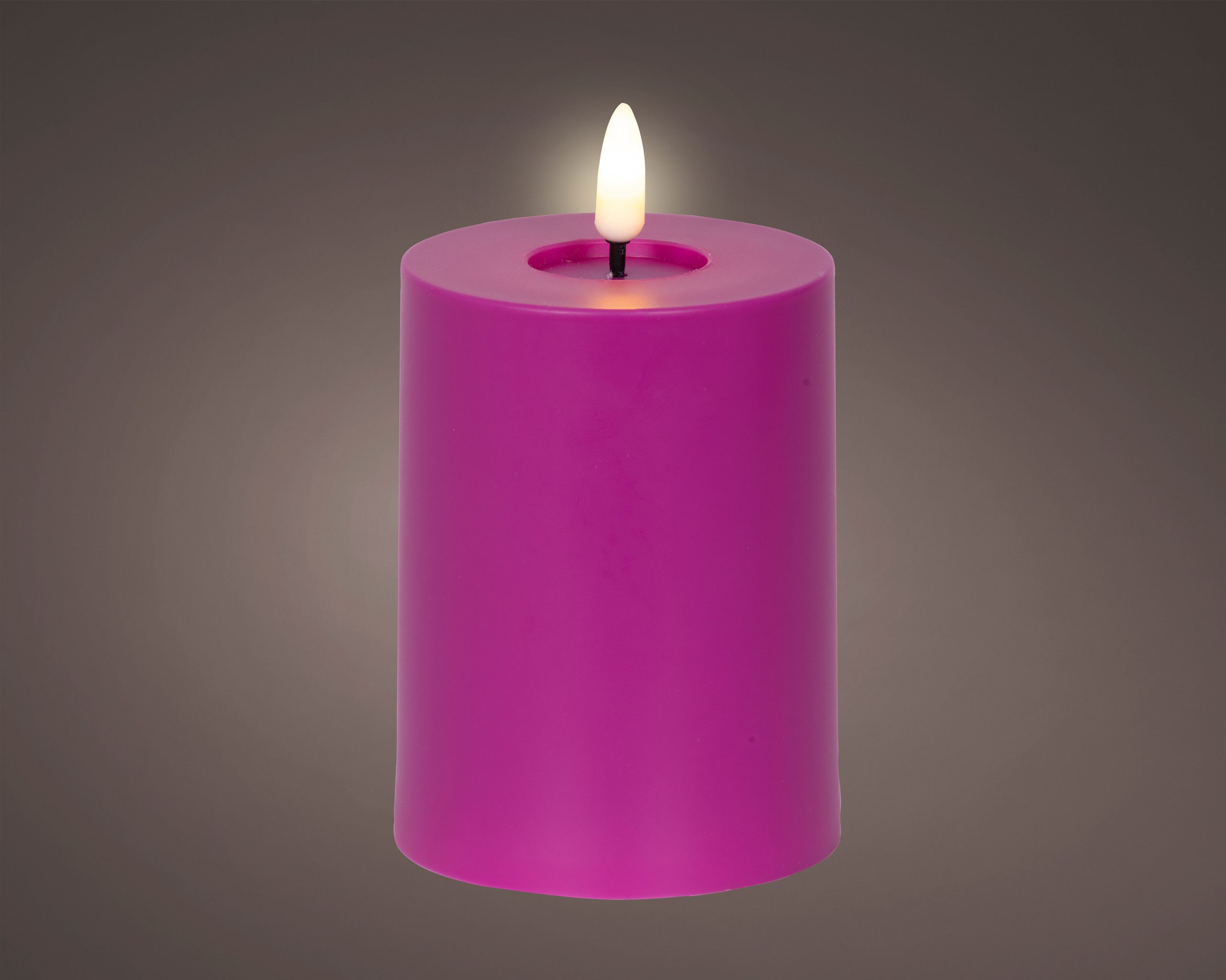 Lumineo LED-Kerze, LED Kerze 7,5x12cm mit Timer Outdoor Kunststoff Lila / Warmweiß