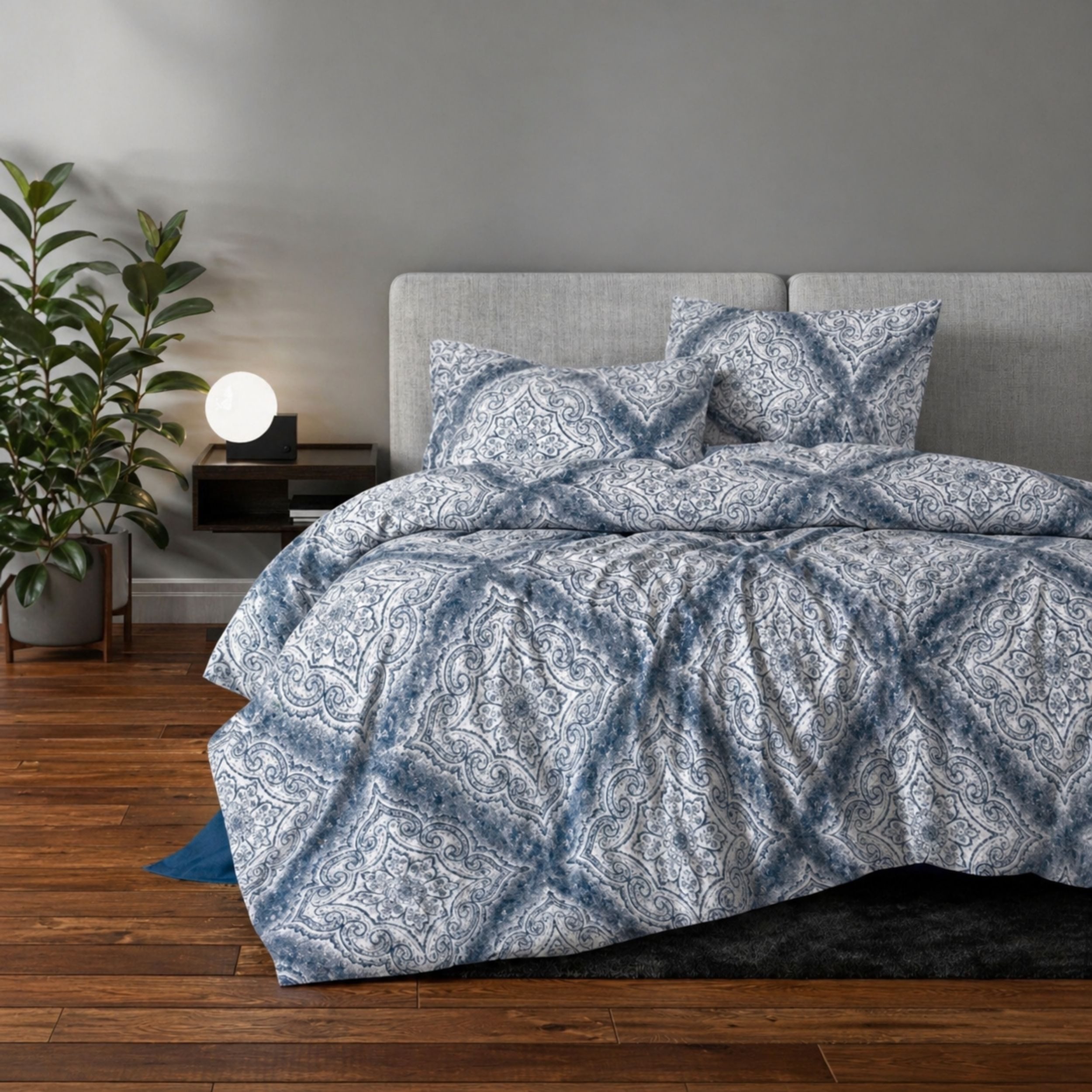 ZIRVEHOME Bettwäsche Baumwolle Bettbezug Ornament Design in Blau und Grautönen Eleganze, Renforce, 2 teilig, 135x200 Baumwolle Bettbezug Ornament Design in Blau und Grau