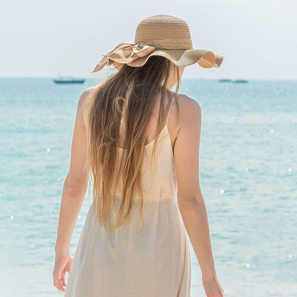 Zaewry Strohhut Damen faltbar Sonnenhut Sommerhut Strandhut Straw hat Einheitgröße wellenförmiger Rand