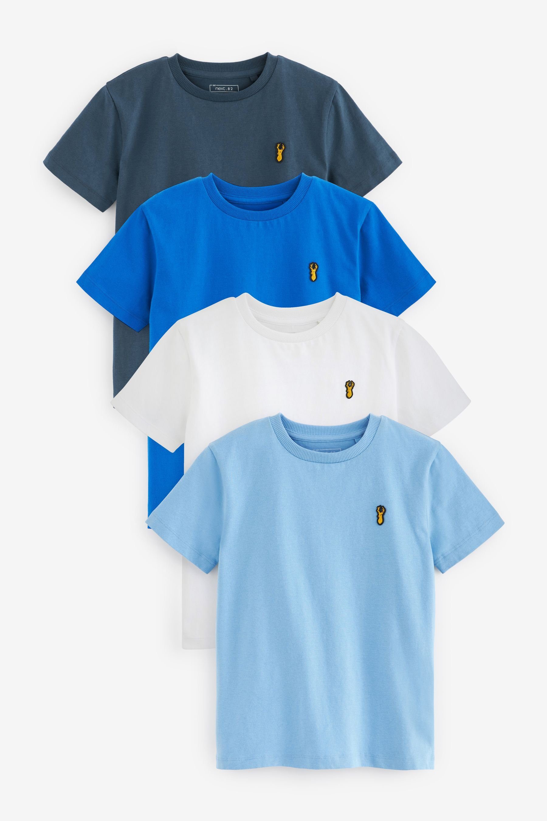 Next T-Shirt 4er-Pack Kurzarm-T-Shirts mit Hirsch-Stickerei (4-tlg),  Aktuelles Design aus England *