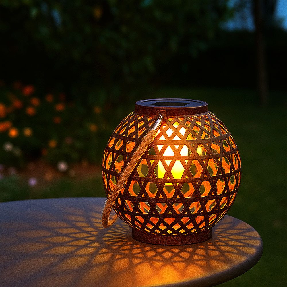 GLOBO LIGHTING LED Solarleuchte, LED-Leuchtmittel fest verbaut, Warmweiß, Solarlampe Außen Kugelleuchte LED rost Feuereffekt Hanfseil