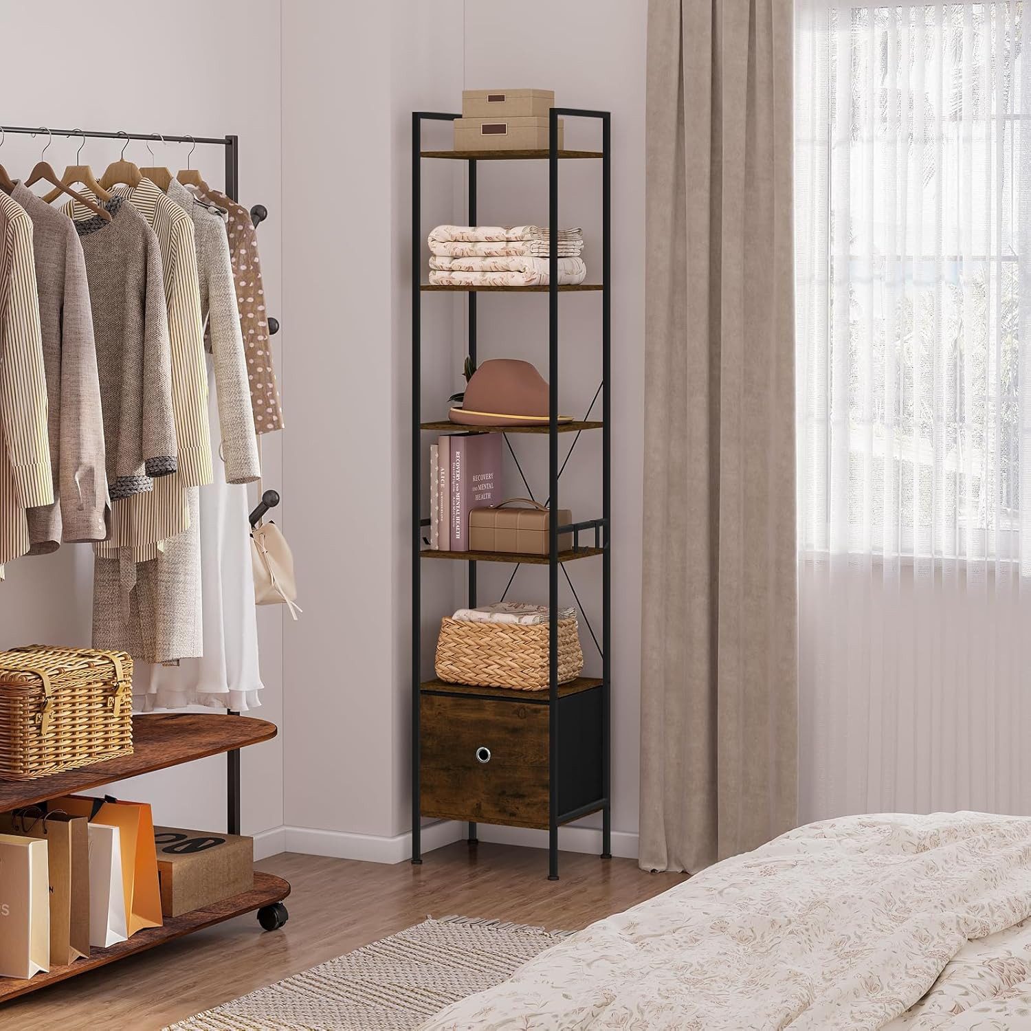 Woltu Standregal, mit 5 Ablagen 2 Schubladen, 63x187x30 cm, mit Metallrahme günstig online kaufen