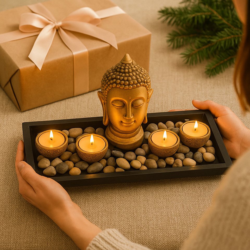 what the shop Dekoobjekt Buddha Deko Set – Schwarzer Holzteller mit 4 Teelichtern & Deko, Harmonie & Stil für dein Zuhause