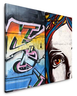Sinus Art Leinwandbild 2 Bilder je 60x90cm Frauen Porträt Street Art Graffiti Bunt Jugendzimmer Hip Hop Cool
