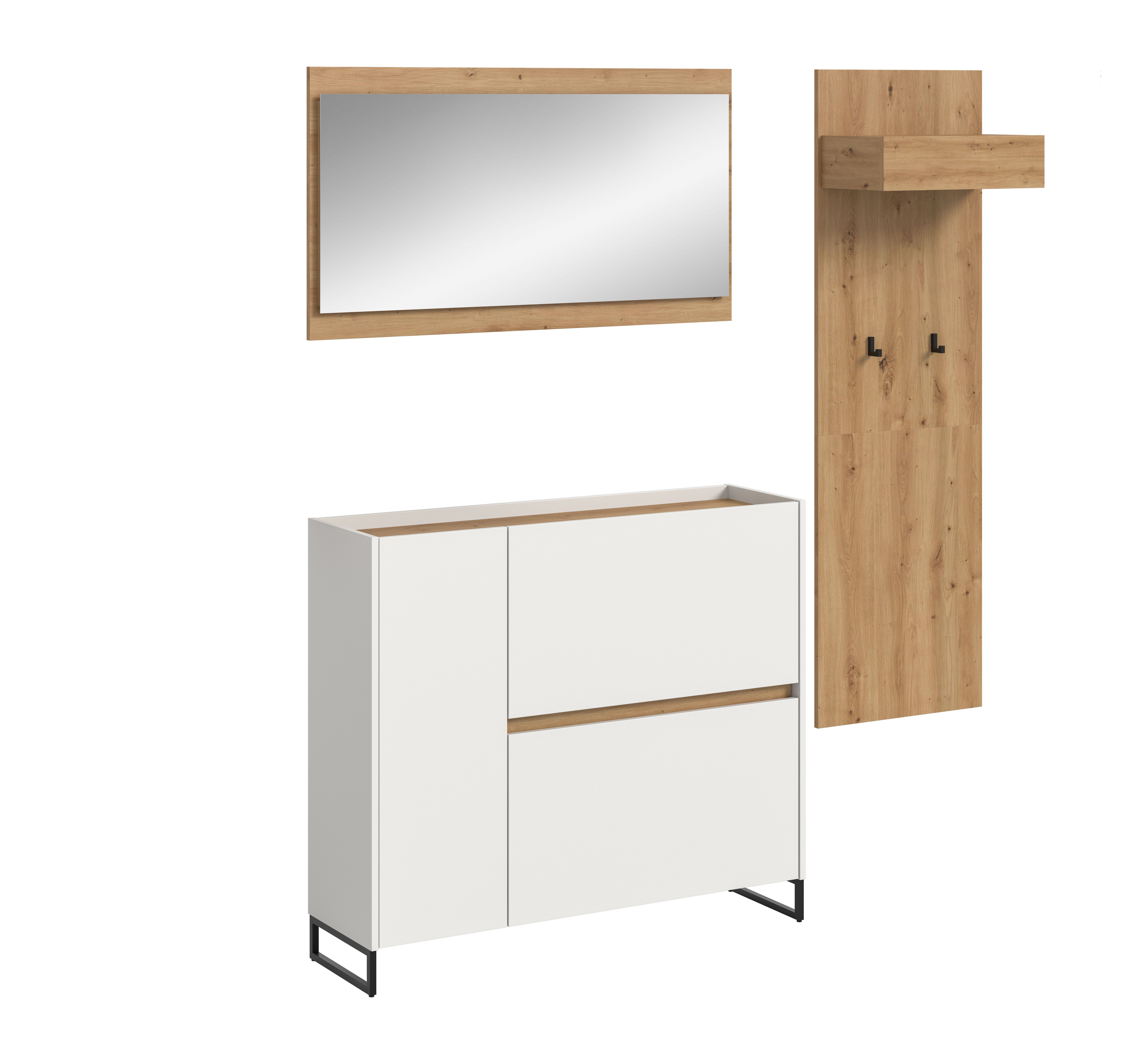furnling Garderoben-Set Dravo, (3-St., Garderobenpaneel, Schuhkommode, Spiegel), 2 Haken, große Spiegelfläche, weiß/Artisan Oak, Breite 175 cm