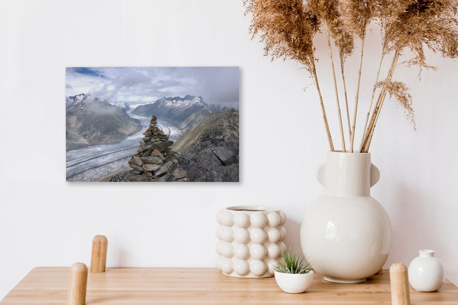 OneMillionCanvasses® Leinwandbild Der Aletschgletscher in mit cm im, 30x20 Aufhängefertig, der Leinwandbilder, Schweiz gestapelten St), Wanddeko, (1 Steinen Wandbild