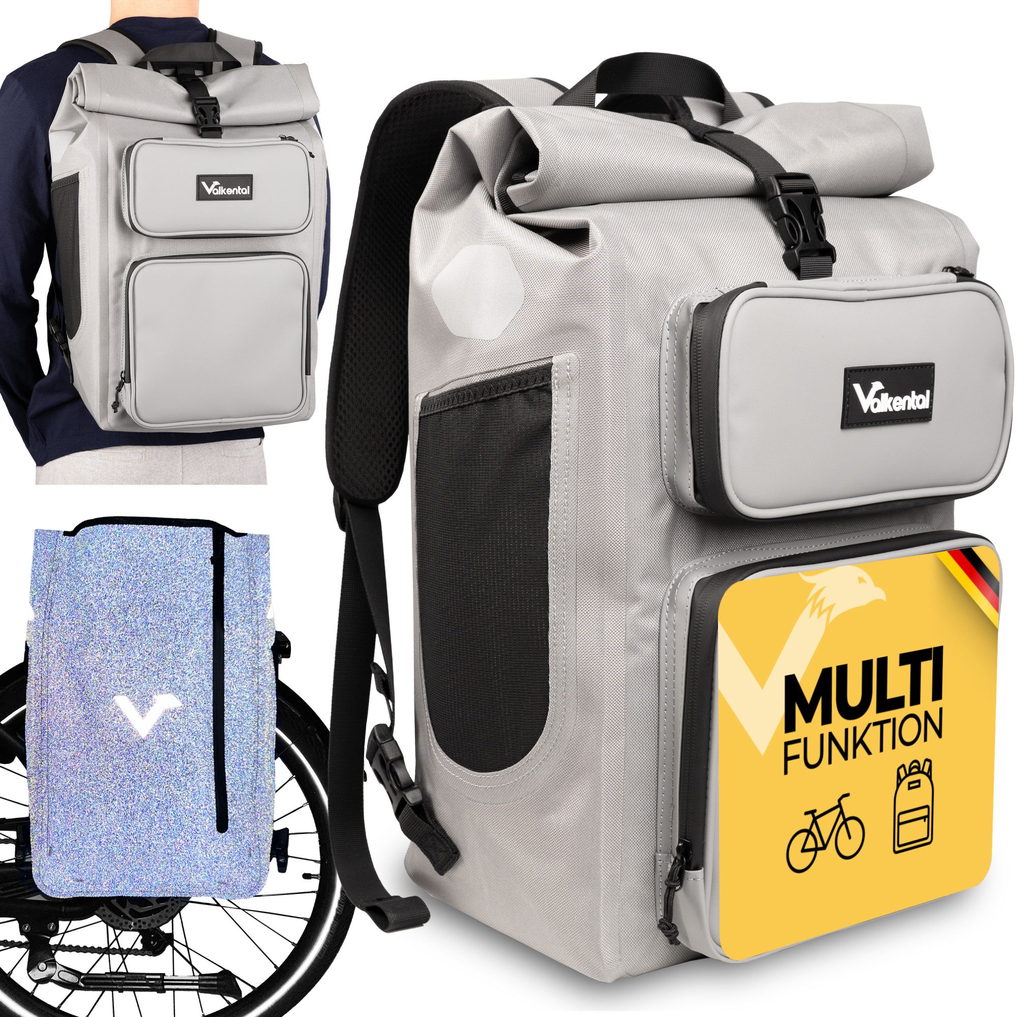 Valkental Gepäckträgertasche Gepäckträgertasche 2in1 Fahrradtasche mit Rucksackfunktion UrbanX (mit Rucksackfunktion und abschließbarer Halterung), 100 % wasserdicht & reflektierend, 28 L