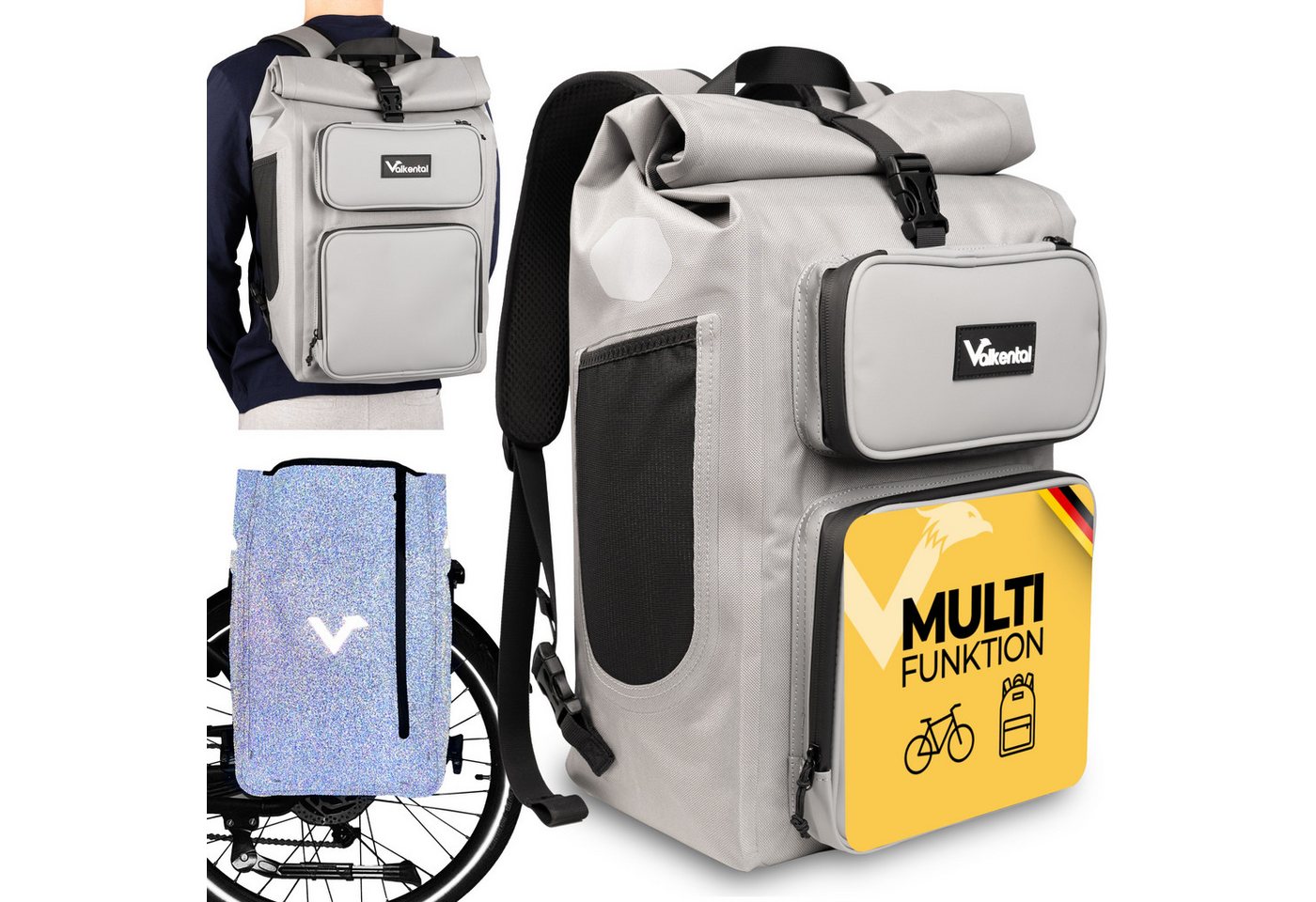 Valkental Gepäckträgertasche Gepäckträgertasche 2in1 Fahrradtasche mit Rucksackfunktion UrbanX (mit Rucksackfunktion und abschließbarer Halterung), 100 % wasserdicht & reflektierend, 28 L