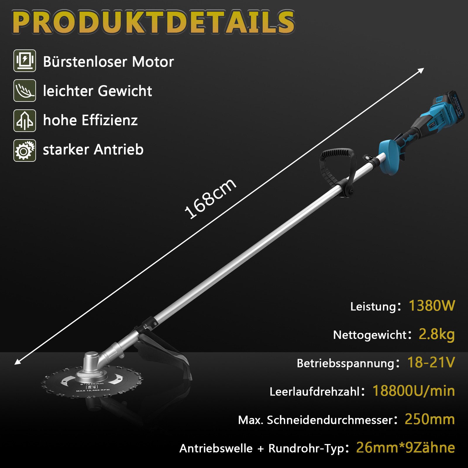 XERSEK Akku-Rasentrimmer 1380W Teleskop Freischneider mit 7 Klingentypen & 2×4.0Ah Akku, L168cm, 30 cm Arbeitsbreite Messer, (Set, 18800U/min Bürstenloser Motor), Motorsense mit Unkrautbürste für Höfe, Gärten und Kleinen
