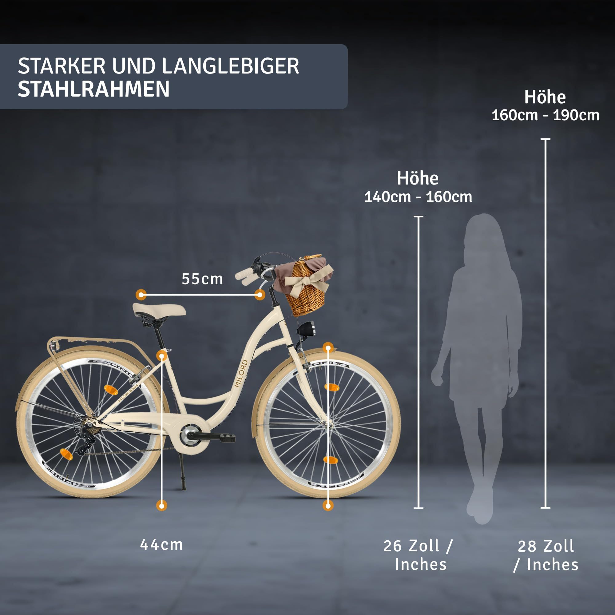 Milord Cityrad Milord City Fahrrad Weidenkorb Damen, 28/26 Zoll, Creme-Braun, 7-Gang, 7 Gang, (Fahrradständer, Gepäckträger, Klingel, Korb, Kotflügel)