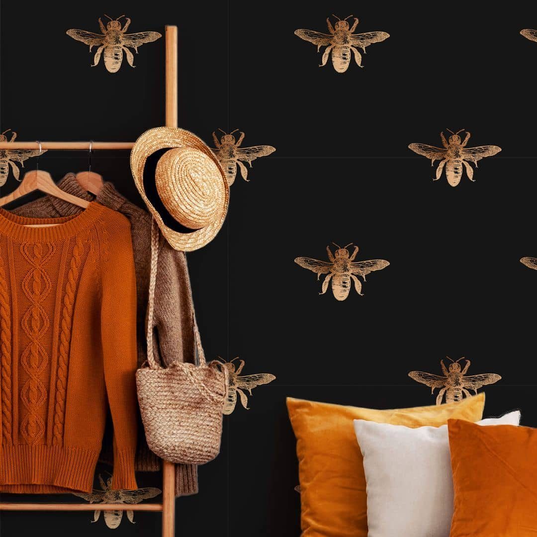 K&L Wall Art Mustertapete Vintage fleißige Biene Büro Vliestapete Natur Schwarz Gold Wohnzimmer, Bienenkönigin Tapete
