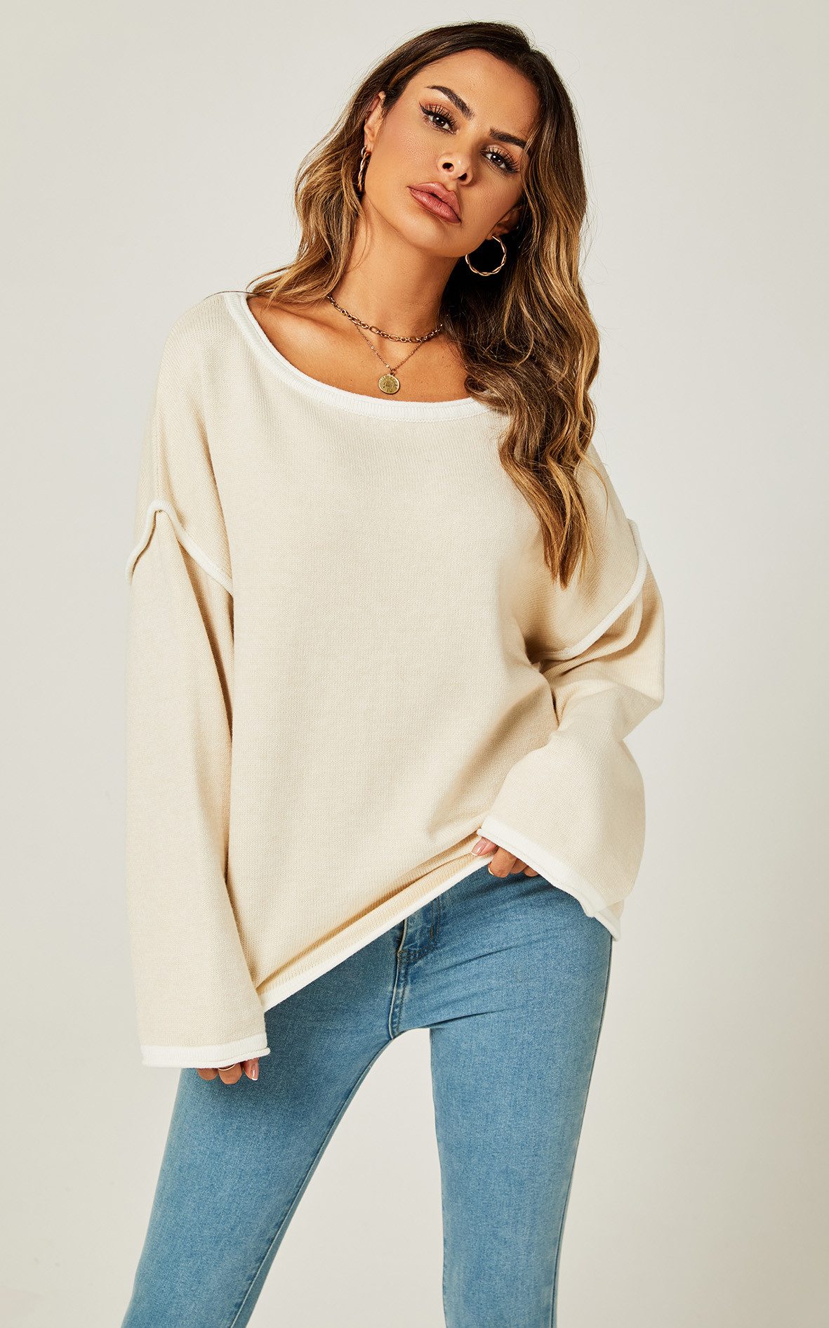 FS Collection Strickpullover Trendiges Oversize Pullovertop Pulloveroberteil – Damen Strick (Einheitsgröße: UK 8–16 / EU 36–44, 4 Farben: Marineblau, Beige, Schwarz und Khakigrün) 85 % Acryl, 15 % Polyester