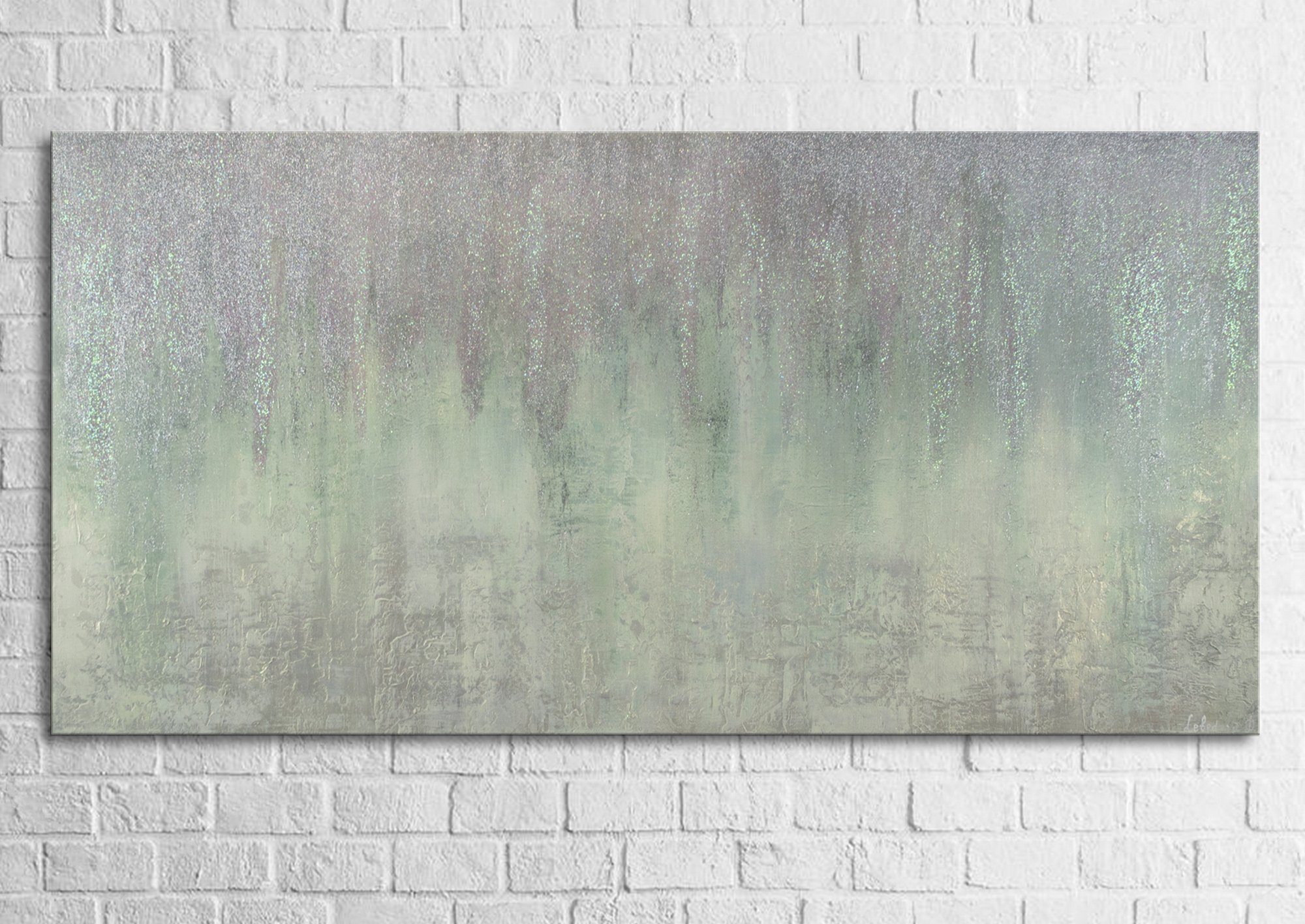 Grün YS-Art Abstraktes Gemälde Leinwand Bild Glitter Handgemalt Glittzer Silber Abstrakt, Frost,