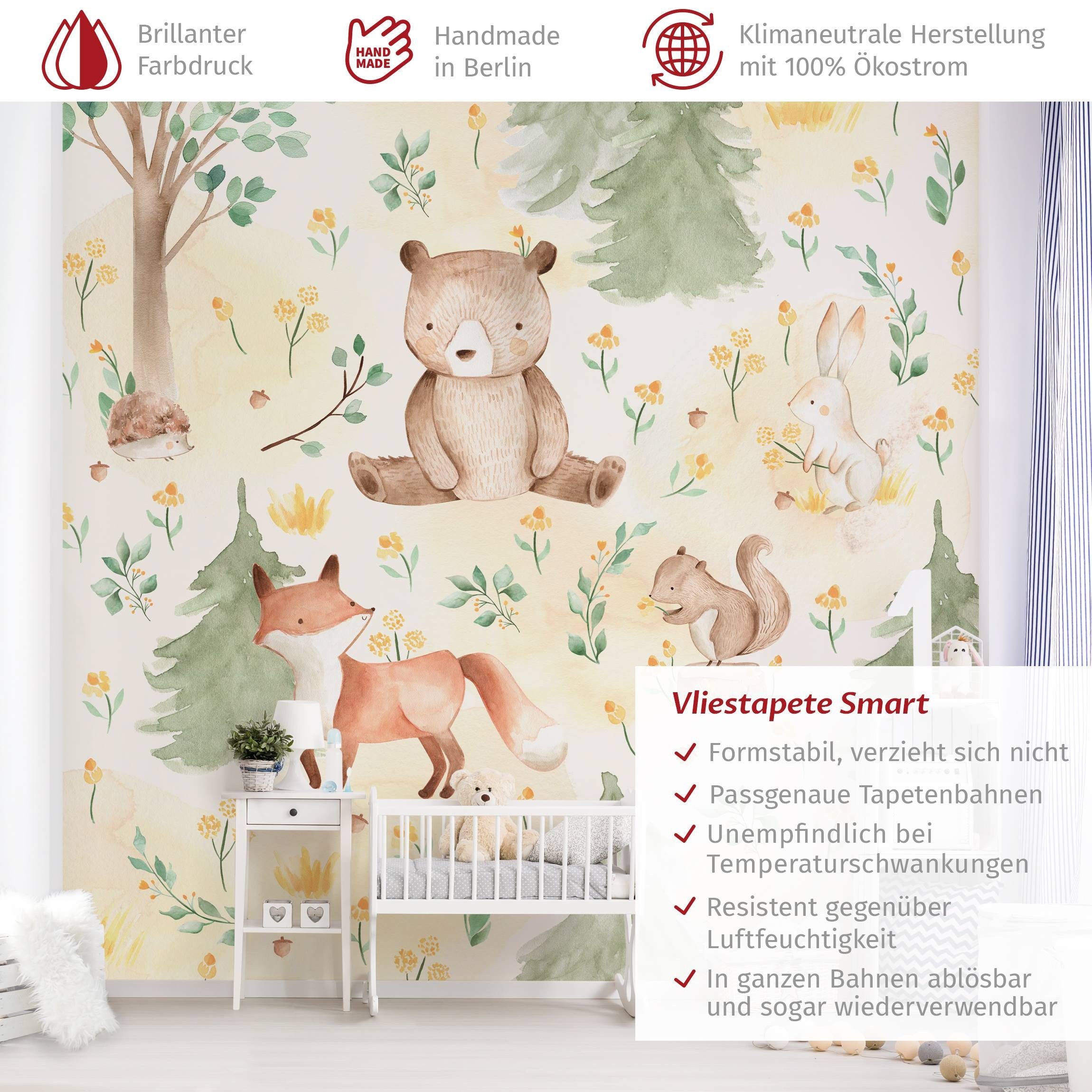 Bilderdepot24 Kindertapete Kinderzimmer Fuchs Bär Blumen günstig online kaufen