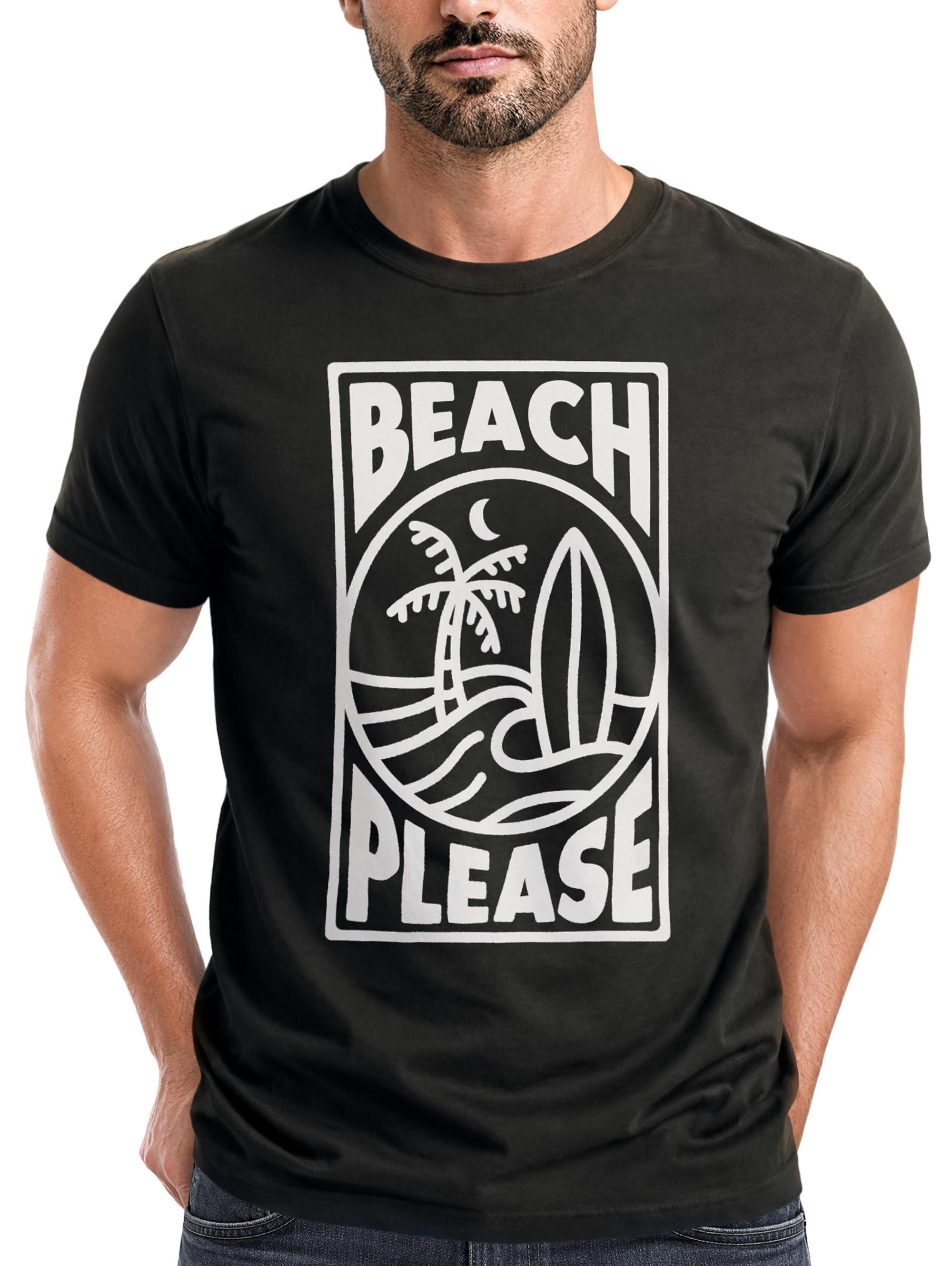 Print-Shirt Herren T-Shirt Beach Please Surfing Surfboard Wave Welle Sommer Print