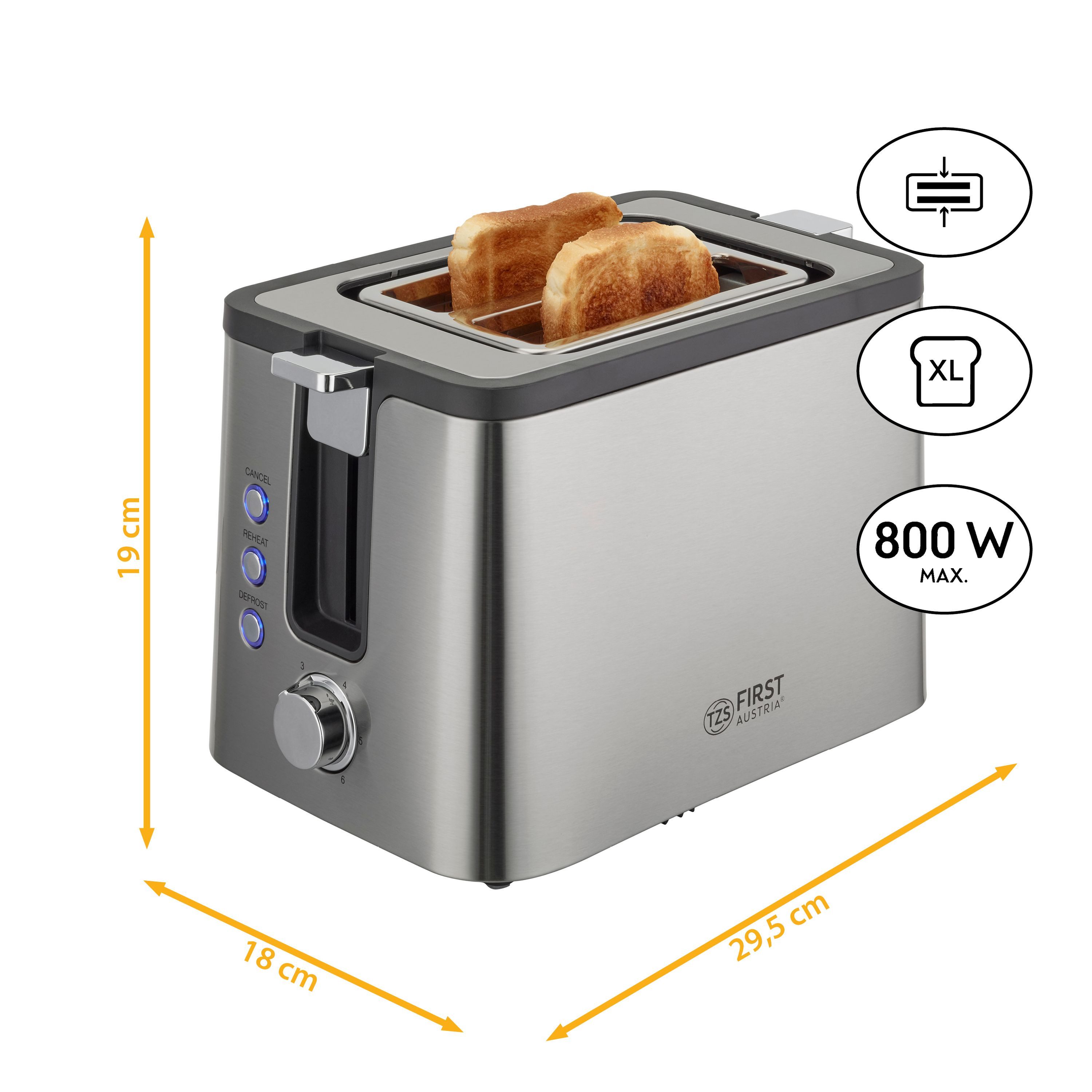 TZS FIRST AUSTRIA Toaster Edelstahl 2-Scheibentoaster 800W Auftau- & Aufwärmfunktion, für Küche, Haushalt, 800 W, 6 Bräunungsstufen, Selbstzentrierung, Brötchenwärmer & Krümelfach