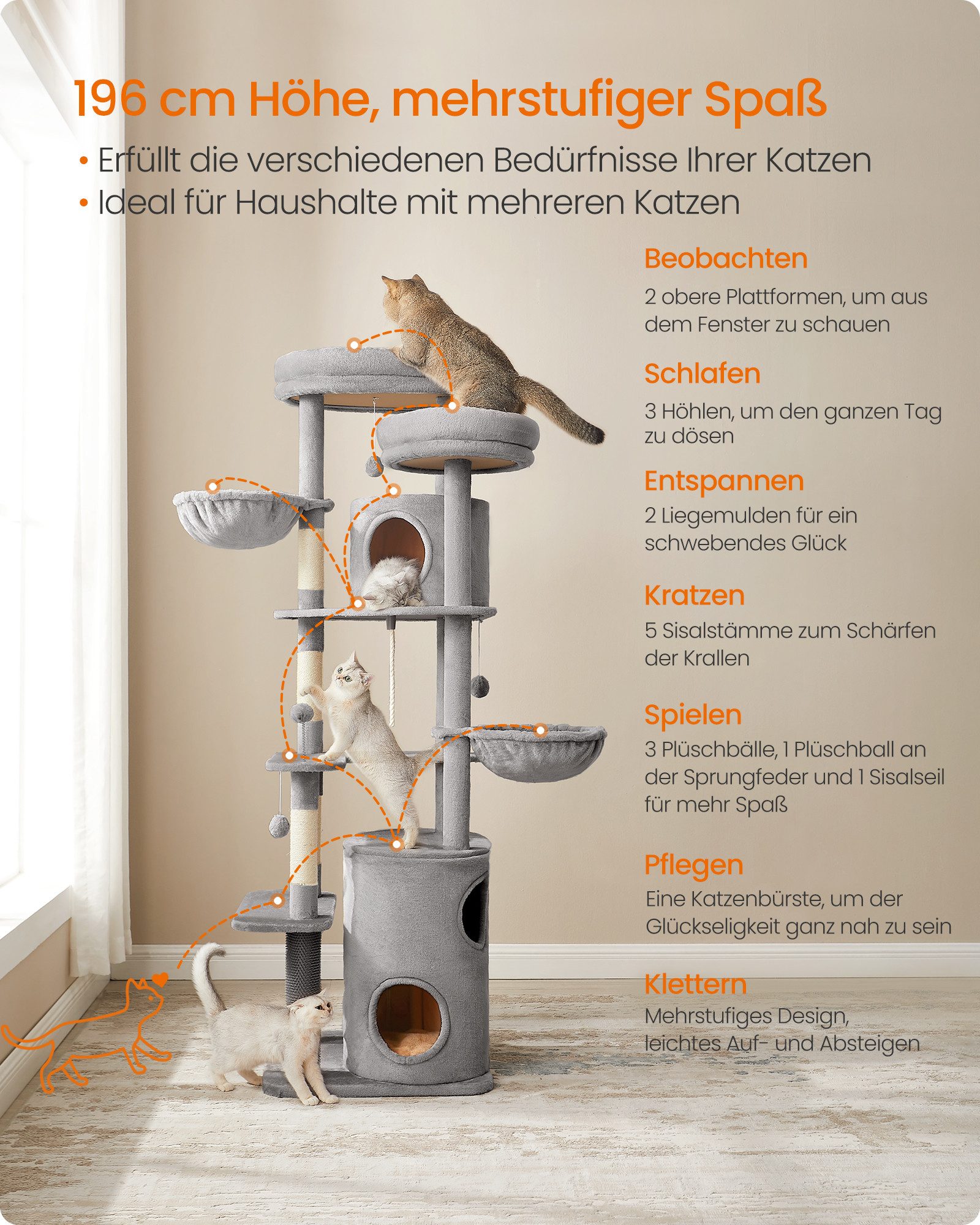 FEANDREA Kratzbaum mehrstöckiger Katzenbaum, XXL, 196 cm, mit 2 Plattformen, 3 Höhlen, 2 Mulden, 5 Kratzstämmen, Tunnel