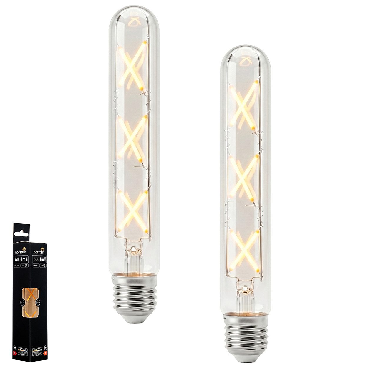 hofstein LED-Leuchtmittel 2er Set Glühbirne Warmweiß dimmbar 5 Watt, 2700 Kelvin, 500 Lumen, Röhre Vintage, Filament, Klar