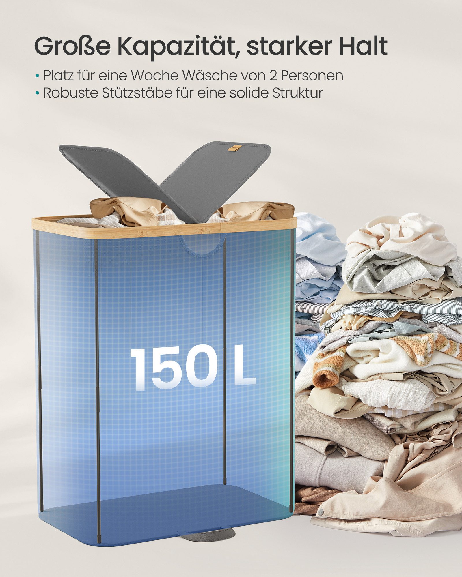 SONGMICS Wäschekorb, 2 Fächer,150 Liter,mit Deckel,herausnehmbarer Wäschesack,Grau-beige