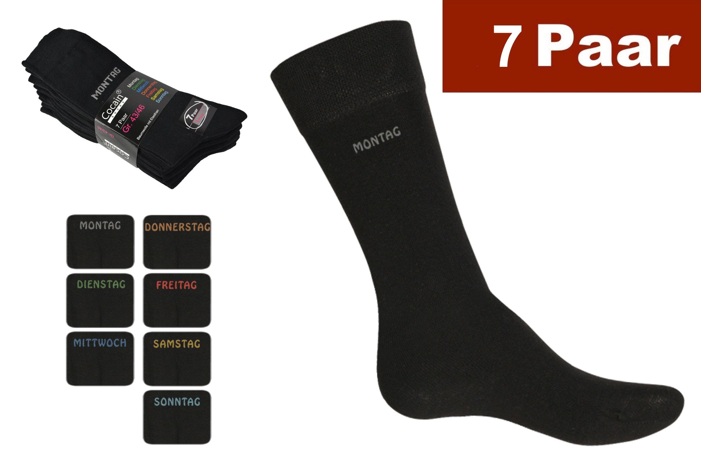 Freizeitsocken 7 Tage Socken schwarz Wochentag-Socke Montag Sonntag Baumwolle unisex