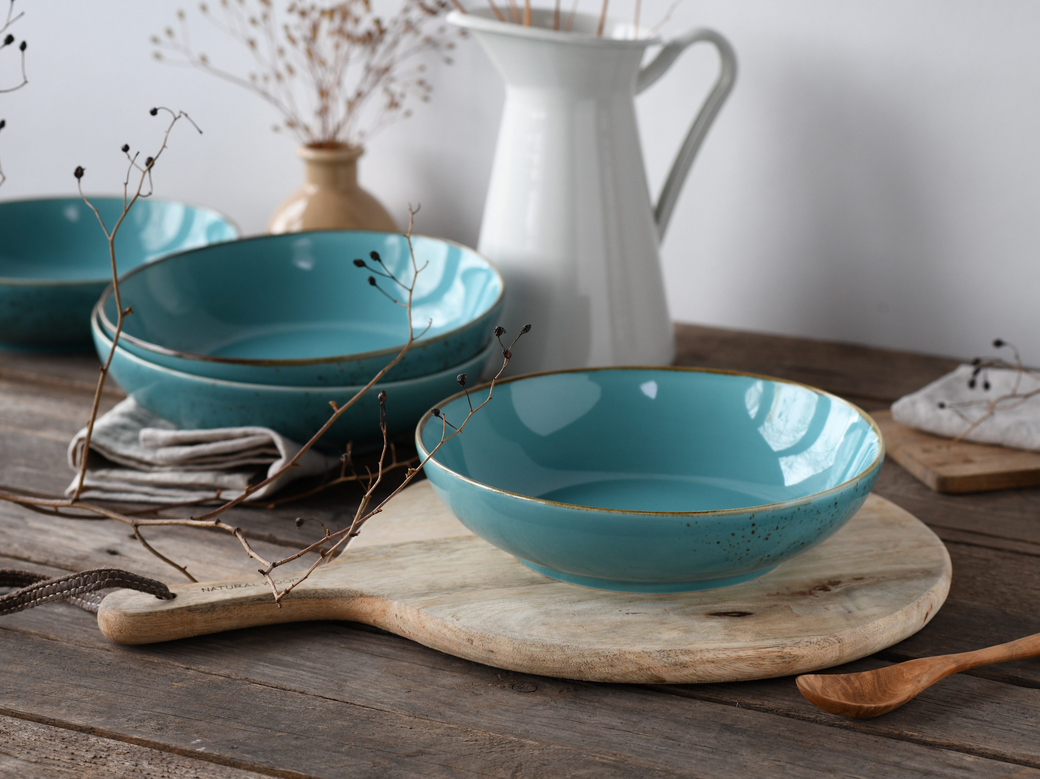 CreaTable Schale Nature Collection, Poke Bowl, Ø 22,5 cm, 4-tlg, Steinzeug, (Set, 4-tlg), Handwerklicher Look, Vintage, Höhe 5 cm