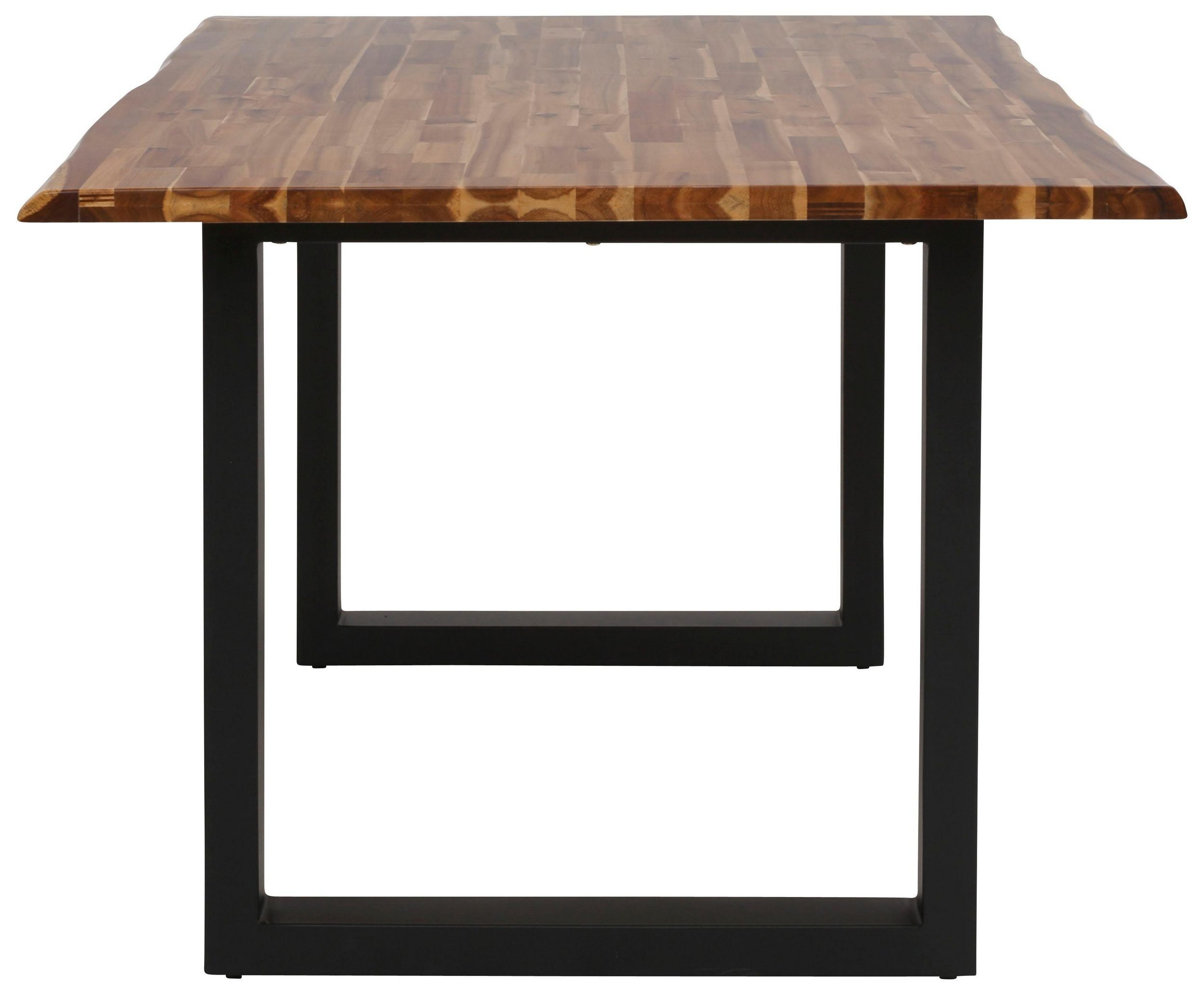 loft24 Esstisch Mangani, Baumkanten Look, schwarz Akazie in aus Tischplatte aus Kufengestell Metall