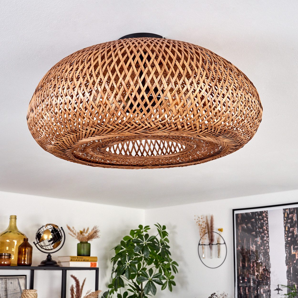 hofstein Deckenleuchte moderne Deckenlampe aus Metall/Bambus/Holz in Schwarz/Natur, ohne Leuchtmittel, Boho-Design Deckenleuchte,Lichteffekt, Ø50cm, 2xE27, ohne – Bild 2 von 5