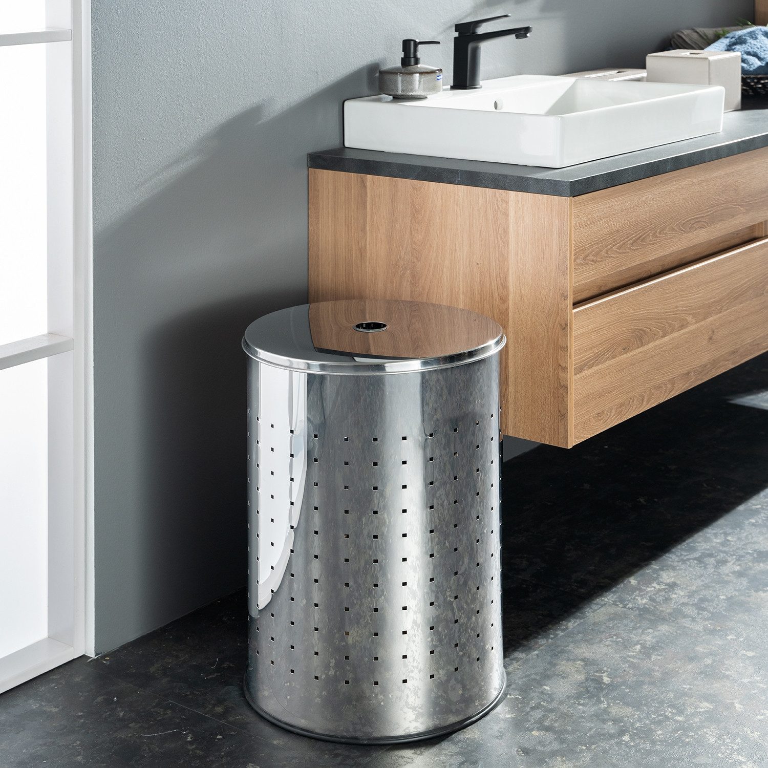 Home4You Wäschetonne Wäschesammler, 54 Liter Fassungsvermögen, Edelstahl, Höhe 57 cm, mit Deckel und Belüftungslöchern – Bild 2 von 3