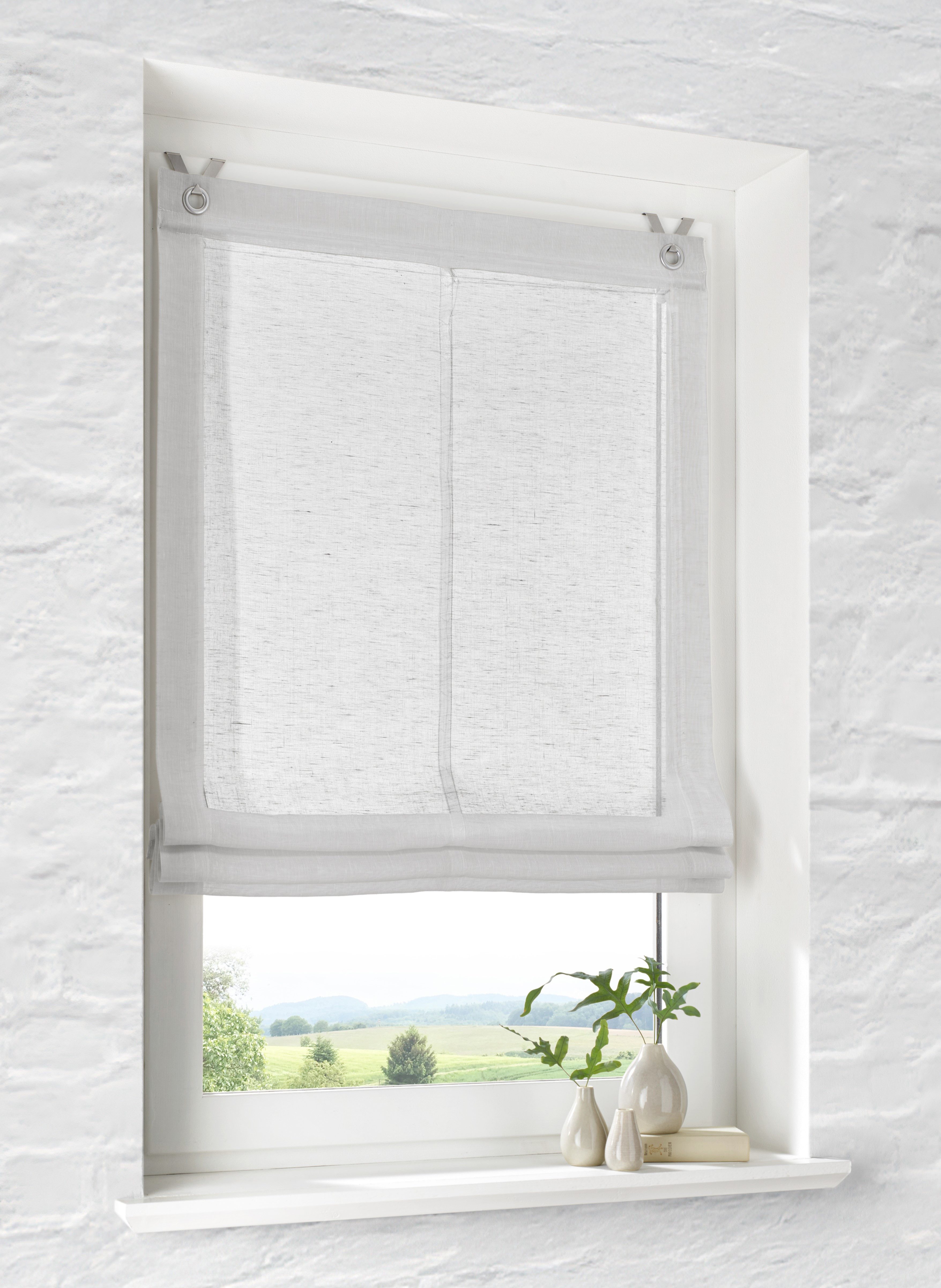 Kutti Raffrollo Brondby, mit Hakenaufhängung, ohne Bohren, freihängend, Leinenoptik lichtfilternd Edelstahlhaken