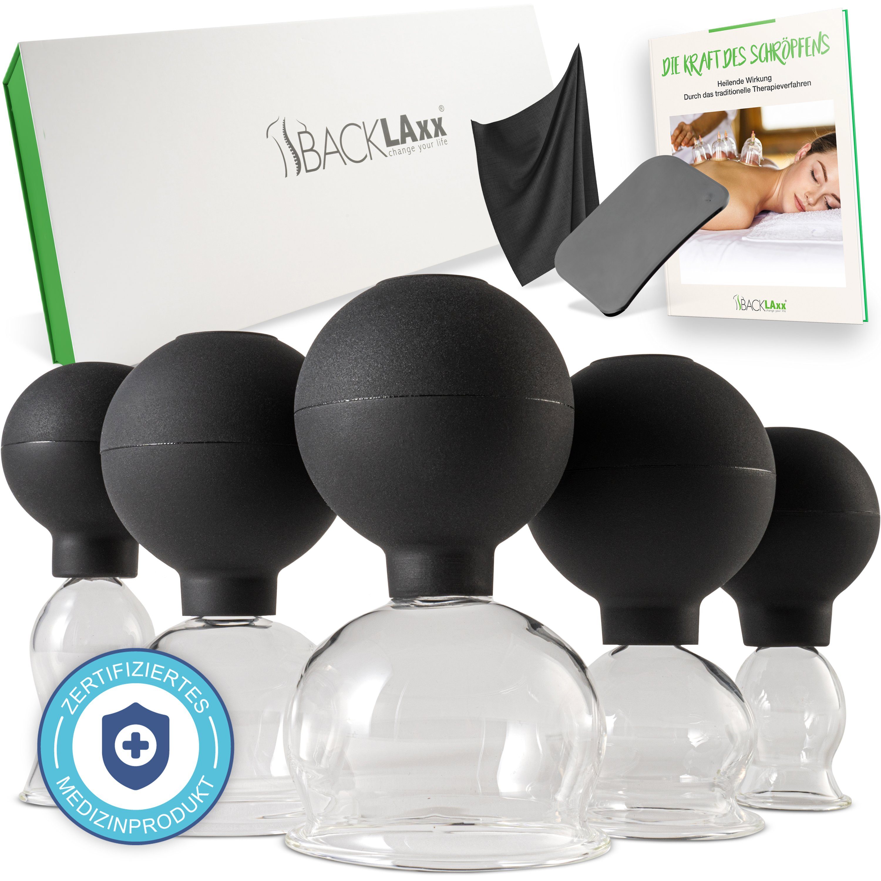 BACKLAxx® Vakuum-Massager Schröpfgläser Set aus Echtglas mit Silikon Saugball, 7-teiliges Set, inkl. 5x Glocken, 1x Faszienschaber, 1x Mikrofasertuch, vielseitig anwendbar gegen Verspannungen & als Face Cupping Set