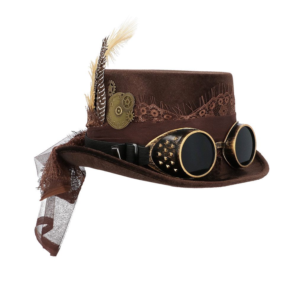 Boland Kostüm Steampunk Hut Specspunk Deluxe braun mit Brille Feder Kostüm-Zylinder, Größe 59 cm, retro-futuristisches Design