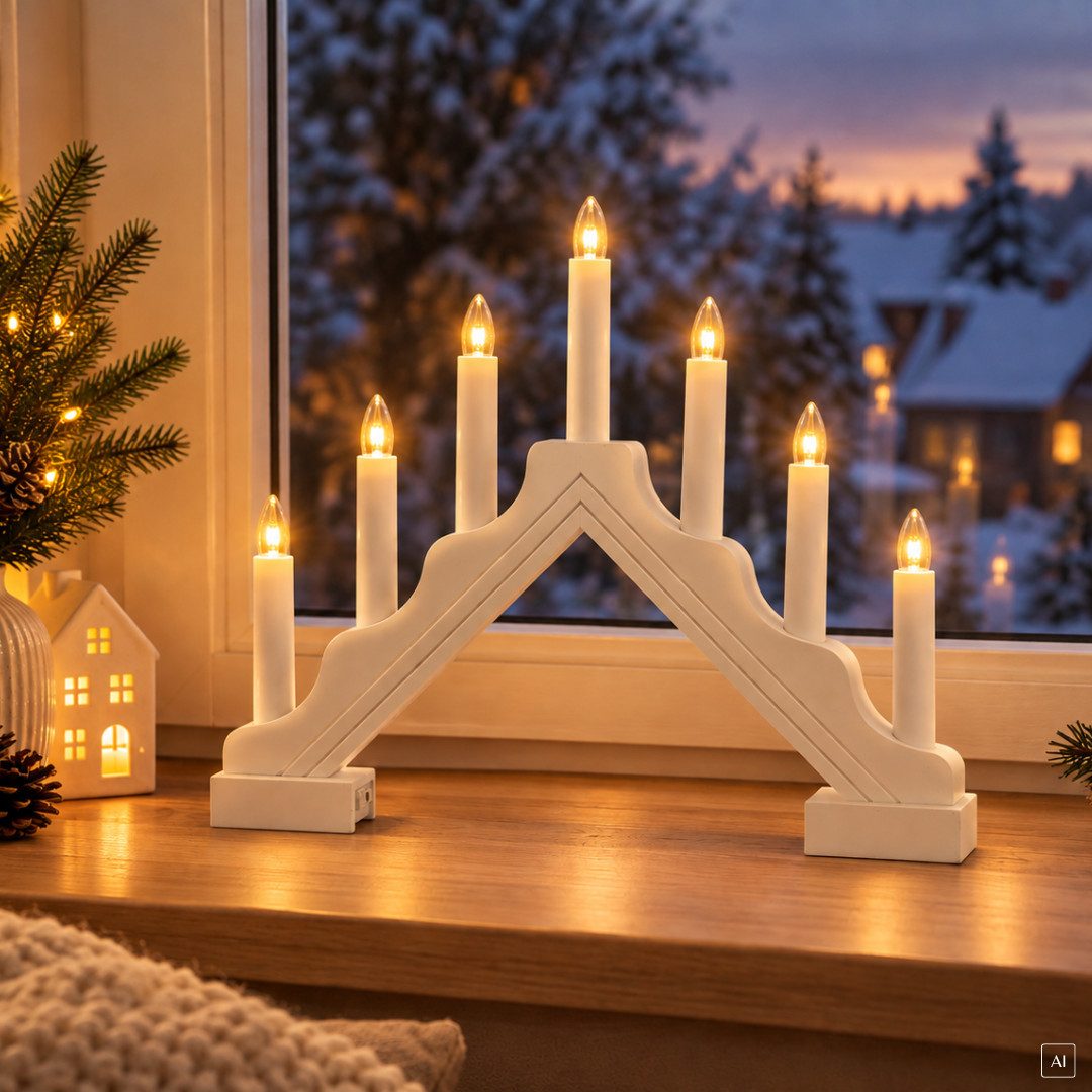 abc HOME LED Schwibbogen Weiß Holz – Minimalistischer Lichterbogen 7 Kerzen 32cm