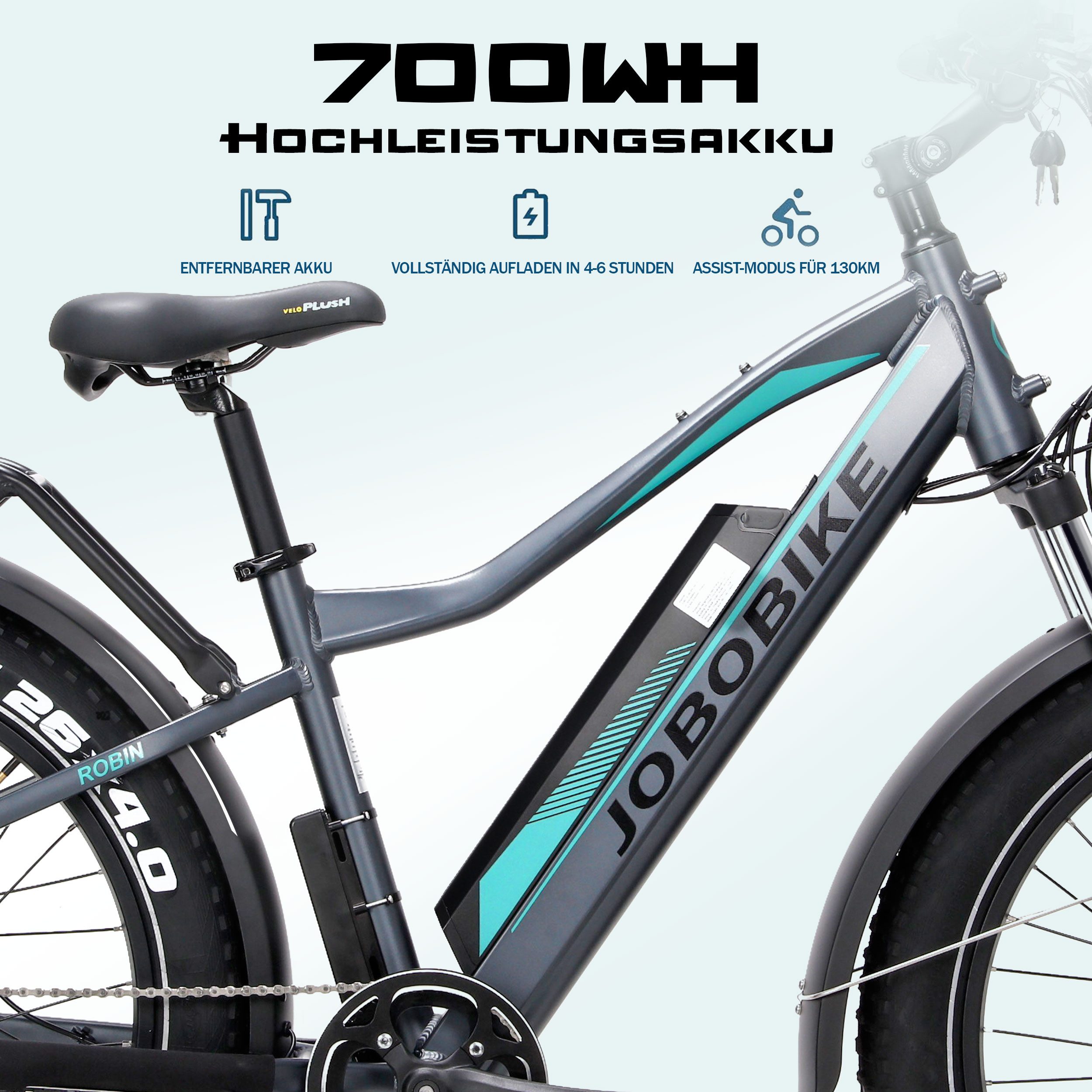 JOBOBIKE E-Bike Mountainbike 20x4,0 Zoll, 150km, Fully, Vollfederung, für Stadt, Berg und Gelände, 7 Gang Shimano, Kettenschaltung, Heckmotor, 624 Wh, Elektrofahrrad mit mechanischen Scheibenbremsen, max. 150 kg