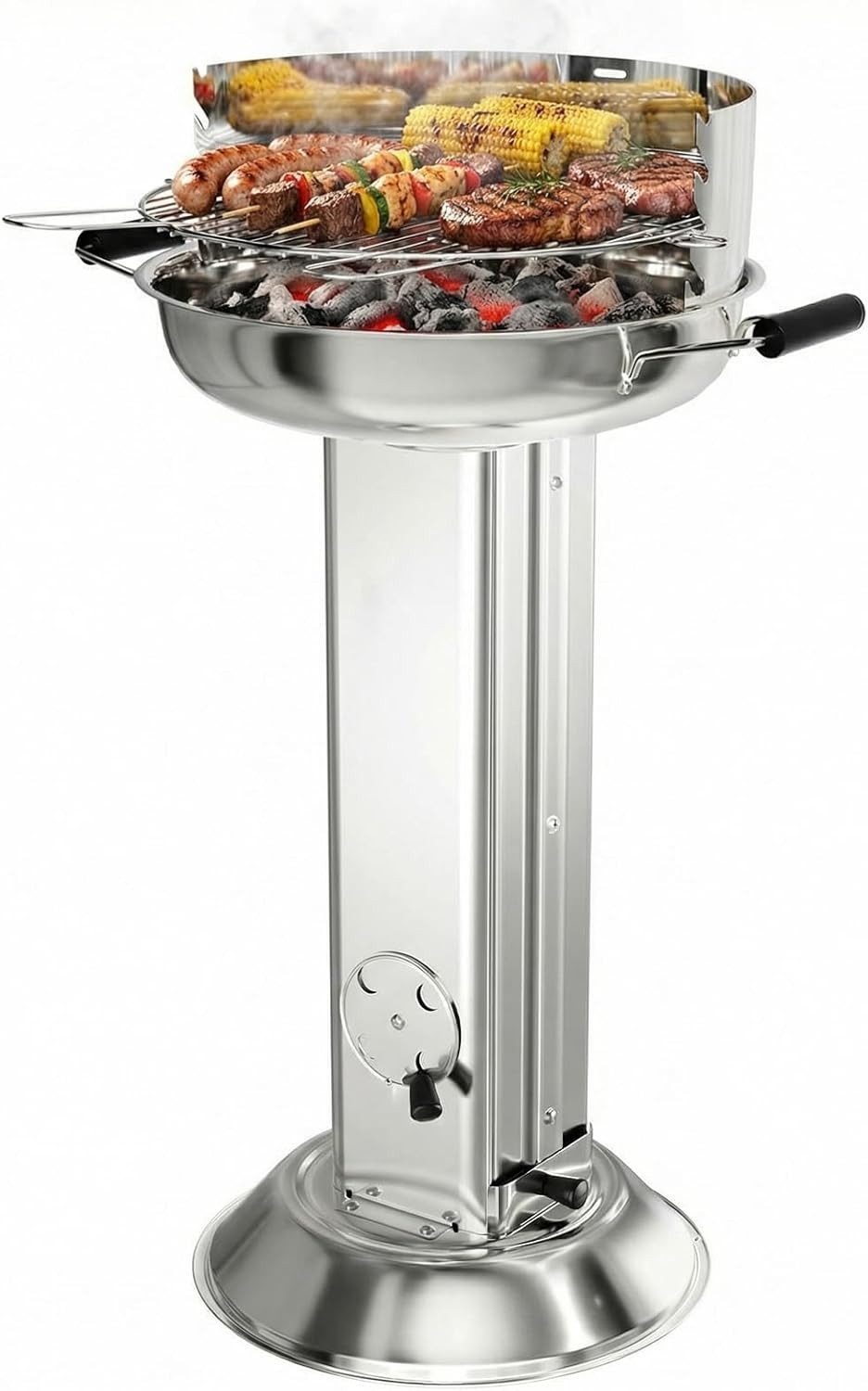 TLGREEN Holzkohlegrill Wetterfester Edelstahl 58*42*85cm, Säulengrill mit 4-fach höhenverstellbarem Grillrost, Aschekasten & Belüftung, Tragbarer BBQ Grill für Outdoor Camping Garten Balkon