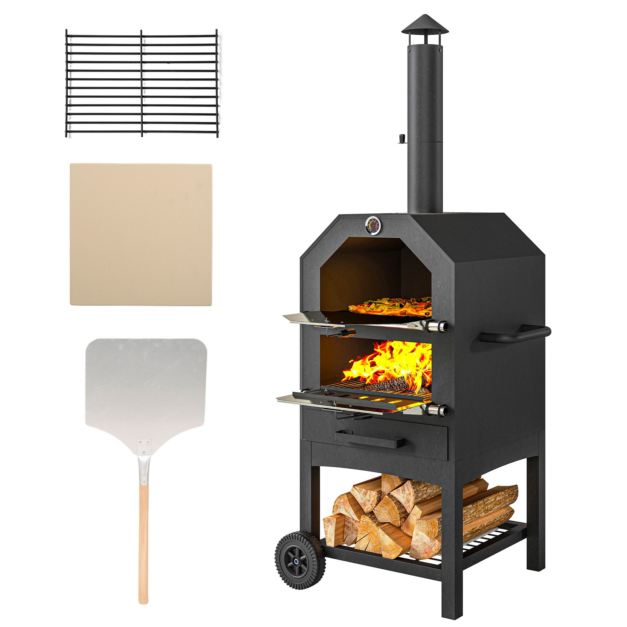 Outsunny Pizzaofen Outdoor Grillofen mit Pizzastein, Aschefach, 2 Grillrost, für Garten, Camping, Schwarz