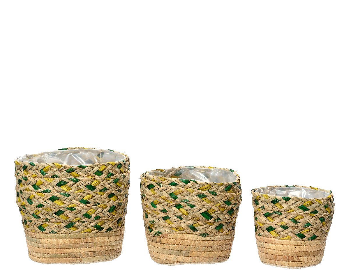 Kaemingk Blumentopf, Blumentopf geflochten Seegras 13-19cm Natur / Grün / Gelb 3er Set