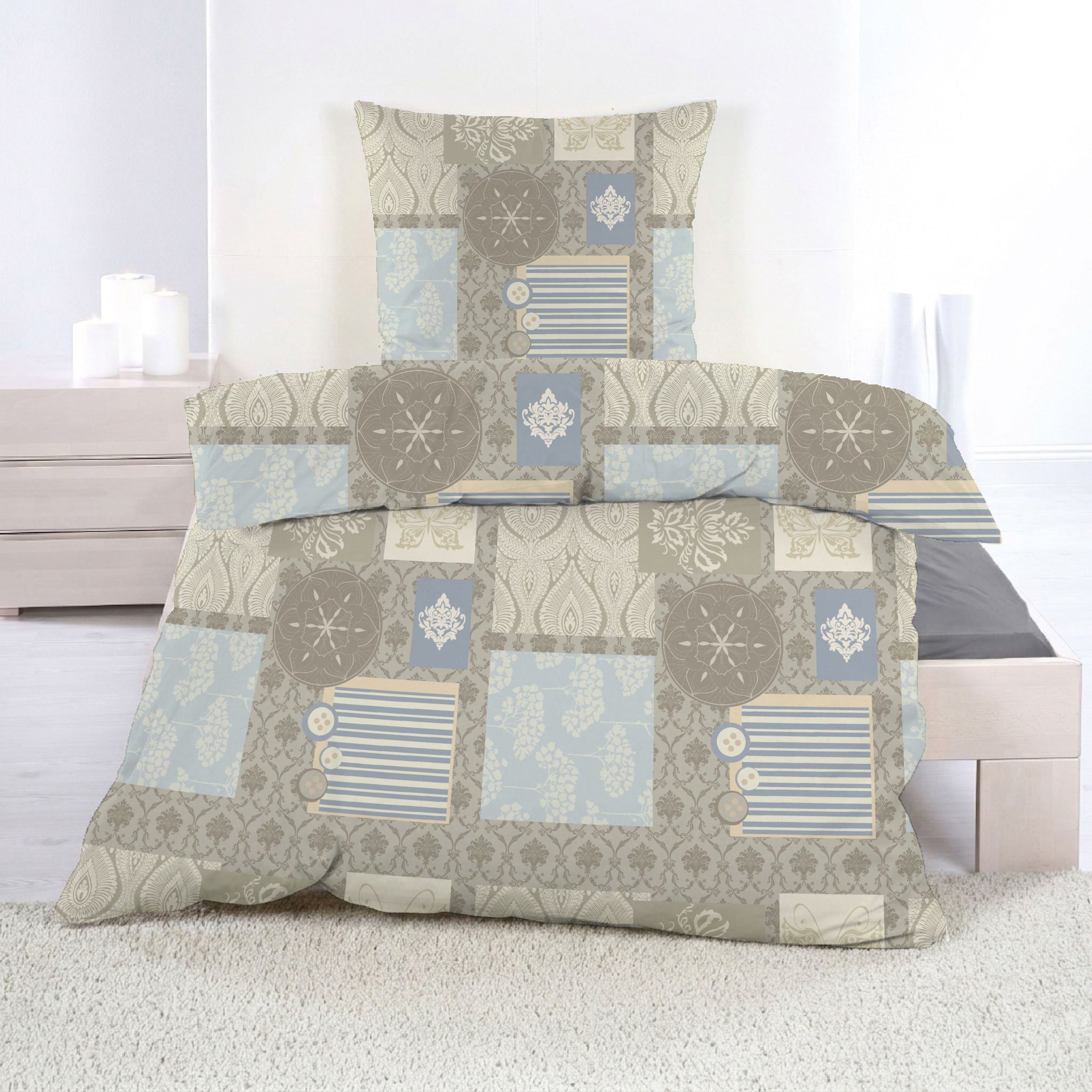 Casa Colori Bettwäsche Polycotton Bettwäsche 135x200 cm, Polycotton, 2 teilig, Braun Taupe Jeans Blau