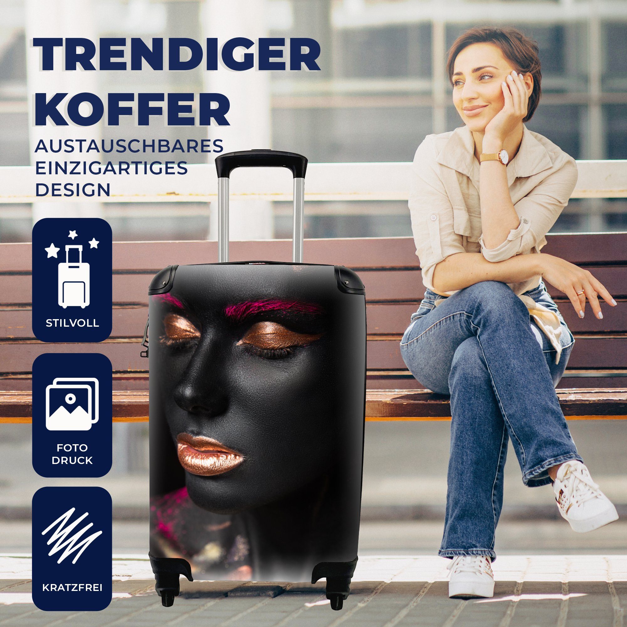 Trolley, mit Handgepäckkoffer Schwarz Handgepäck - Rollen, Ferien, MuchoWow Gold, 4 Reisetasche rollen, Reisekoffer - für Frau