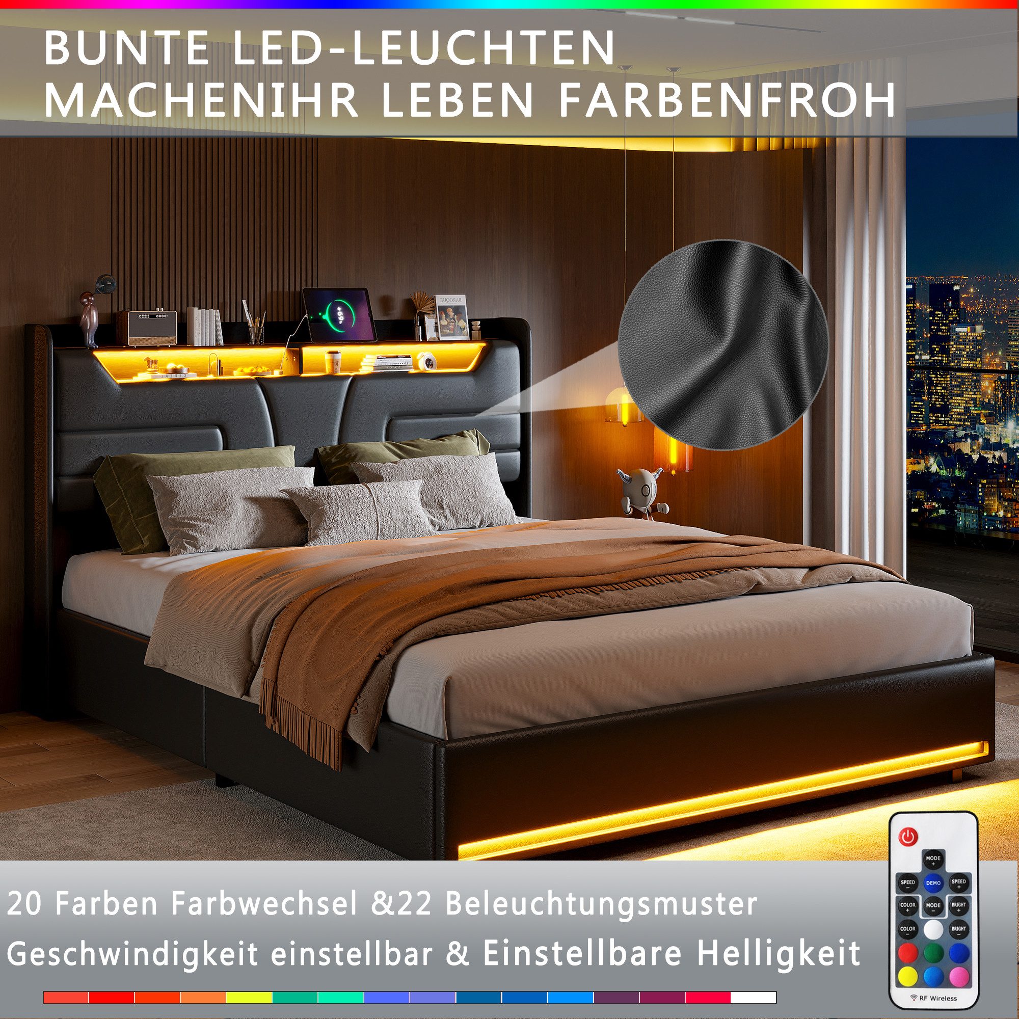 ADWOLT Polsterbett Hydraulisches LED Doppelbett (Set, 1-tlg), 140x200cm Stauraumbett, Ladestation,Kunstleder,Schwarz – Bild 3 von 5